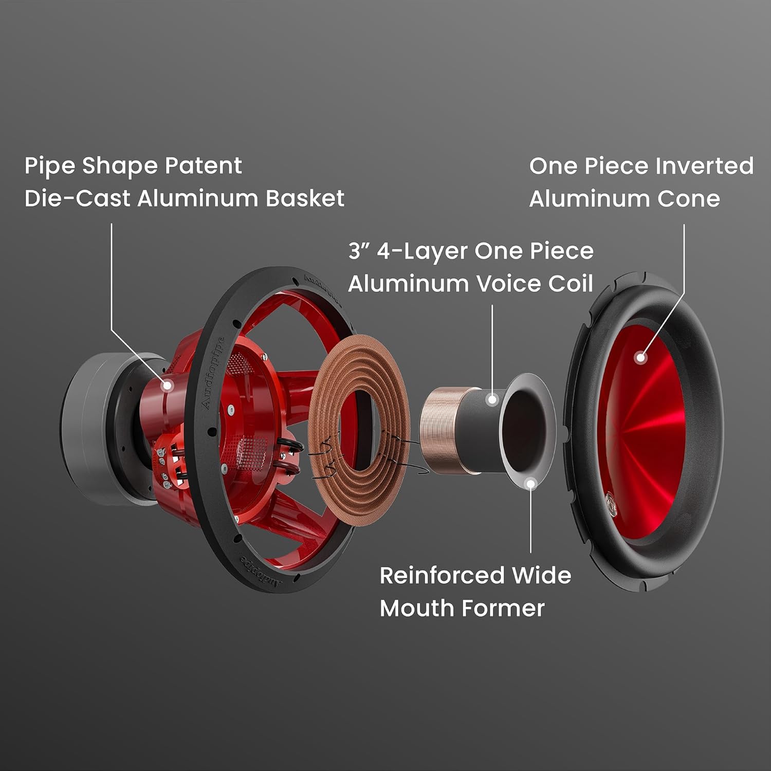 Audiopipe 12" Eye Candy Aluminum Cone Subwoofer (TXX-APD-12RD), Superior Performance, 1600 Watts, 120 Oz Magnet, BASV Voice Coil, Aluminum Basket, Sleek Candy Red, Multi-Connect Terminals