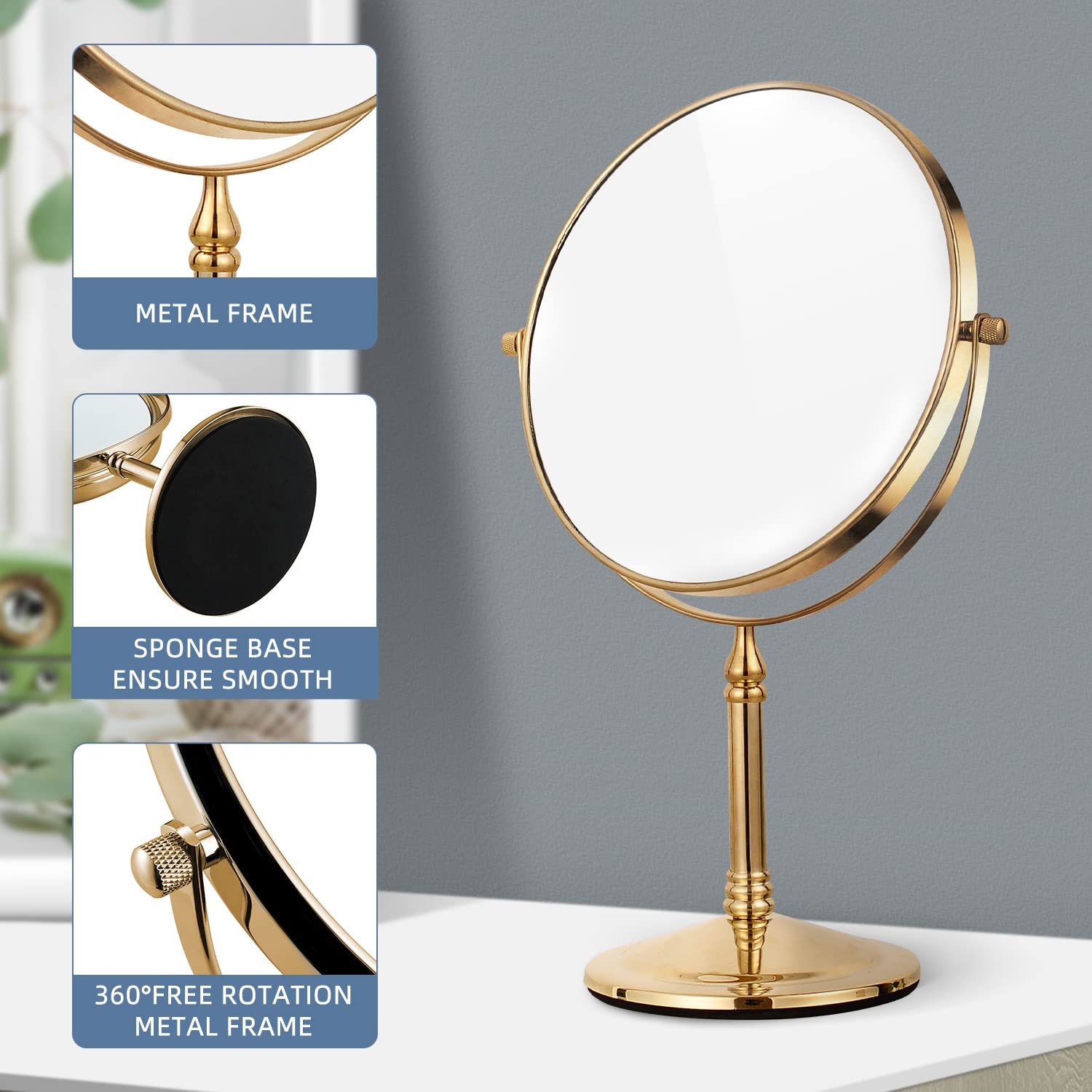 DOWRY Espejo de Maquillaje Dorado Con Aumento 7X - Cosmético de Mesa 8 Pulgadas, Afeitado de Pie, Doble Cara