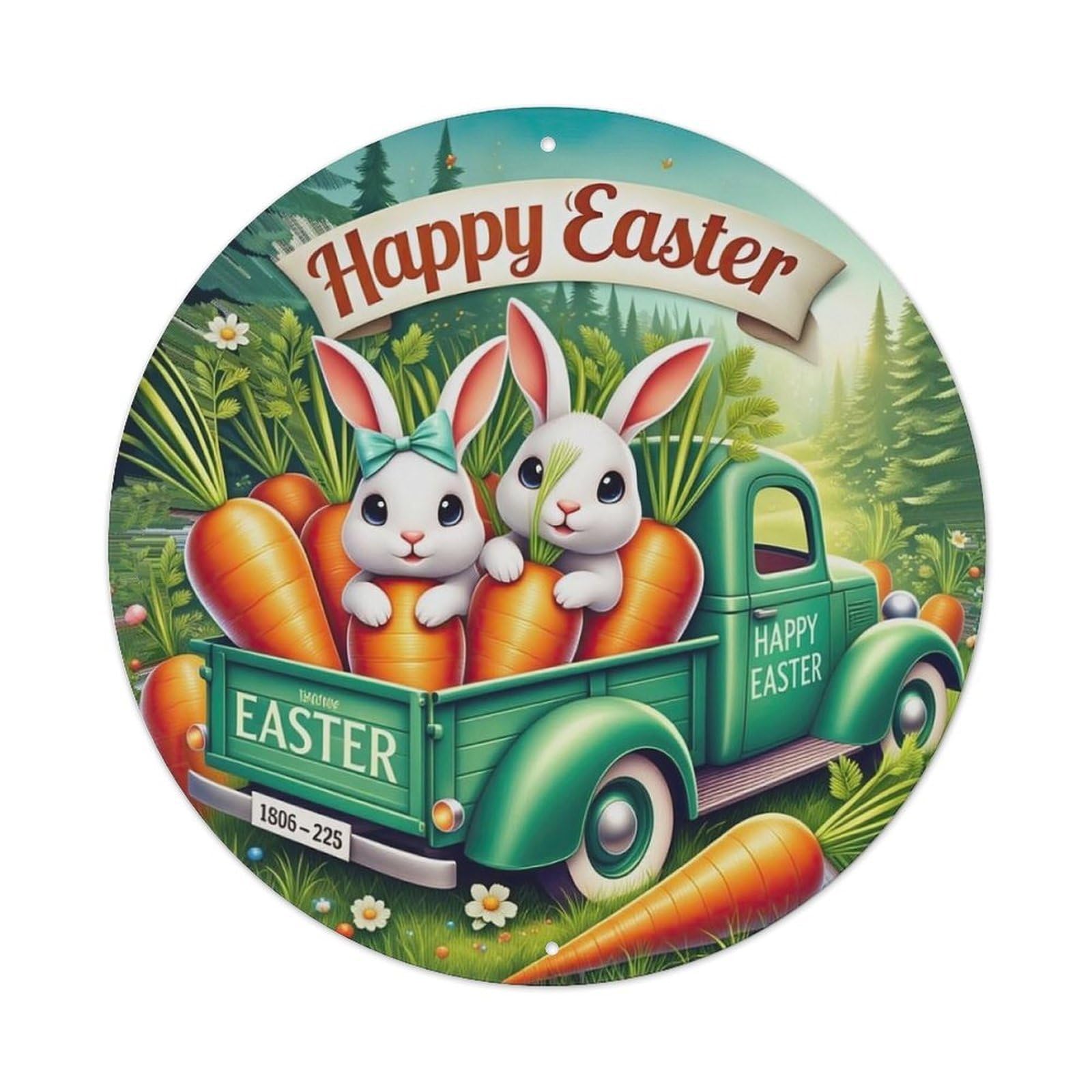 Happy Easter Bunnies Carrots Truck Metal Tin Sign