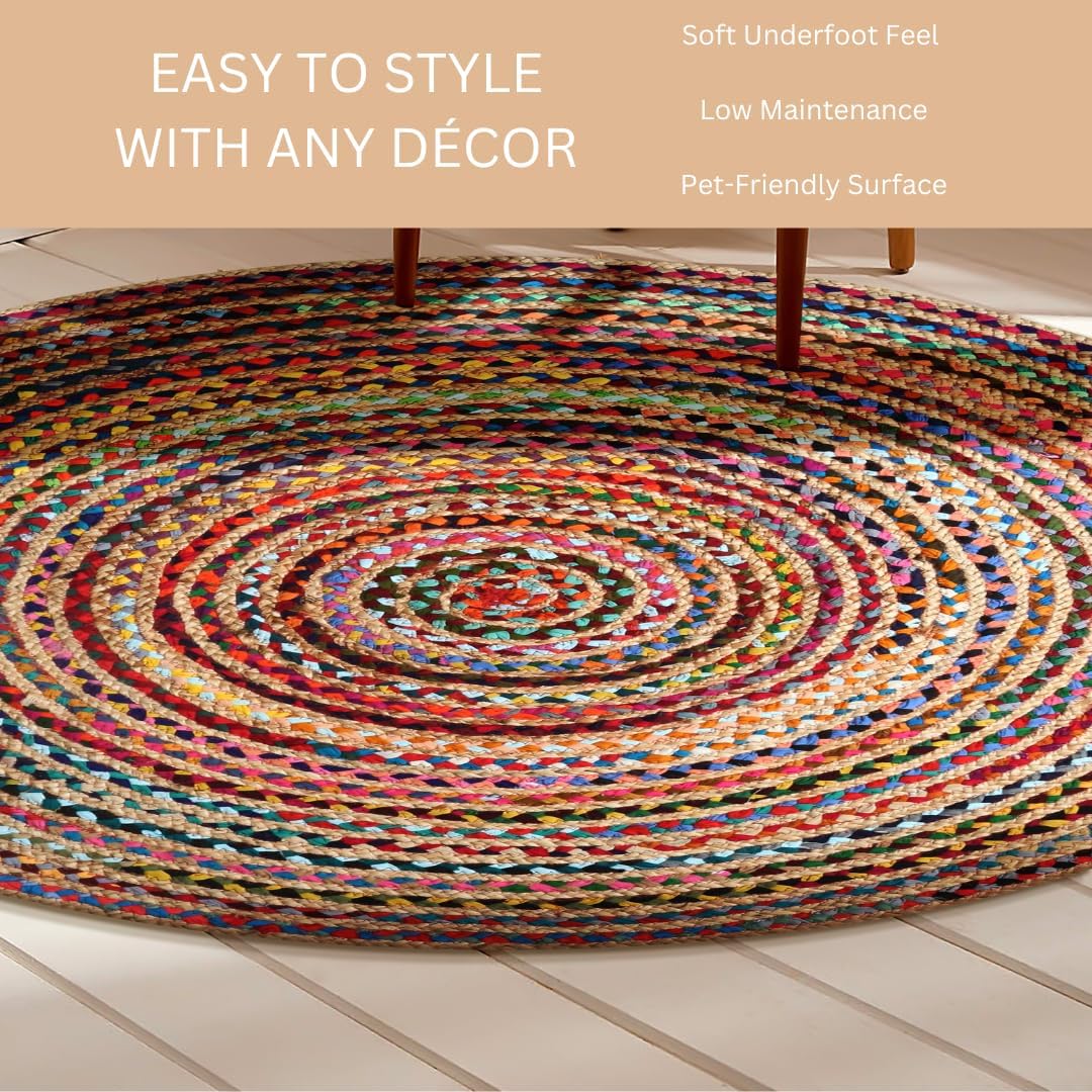 Hand Woven Braided Rug Jute Chindi 3 Feet Round - Rustic Farmhouse Bohemian Accent Rug for Living Room Bedroom Kitchen Entryway Reversible Floor Mats - Jute Cotton Braid Area Rug