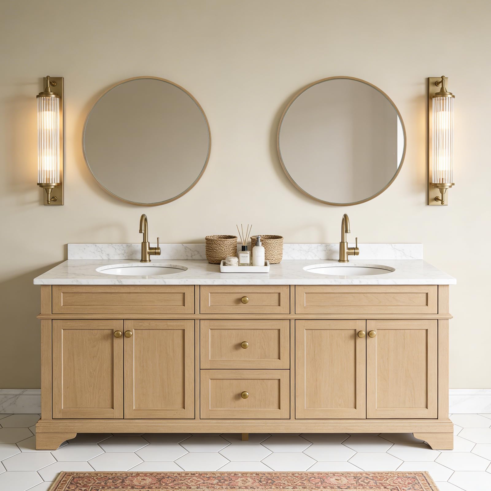 WallBeyond Specchi rotondi per decorazione da parete, specchio decorativo con perline incorniciate, decorazione per la casa, ingresso, soggiorno, camera da letto, 61 cm, naturale