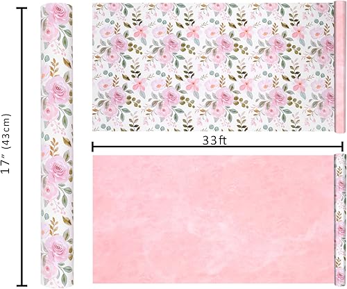 Miniatura 6 de BIOBROWN Rollo de papel de regalo floral reversible  17 pulgadas x 33 pies (47 pies cuadrados total) con diseño de rosas de acuarela rosa para