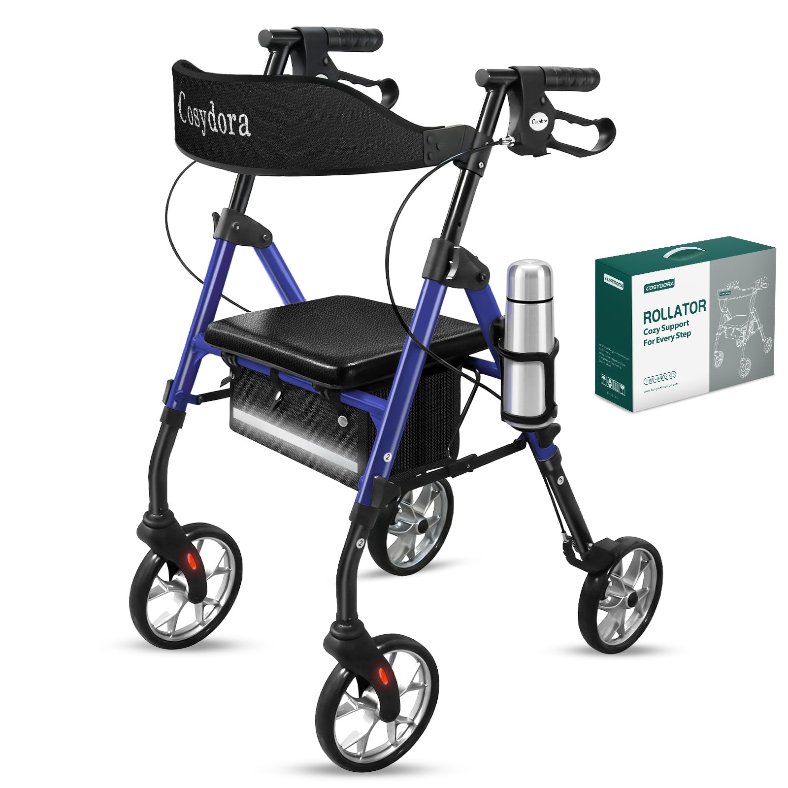 cosydora rollator walkers for seniors with seat, 15 lbs ultra lightweight foldable rolling walker, 350lbs heavy duty aluminum, 8" all terrain wheels, dual adjustable height, navy blue