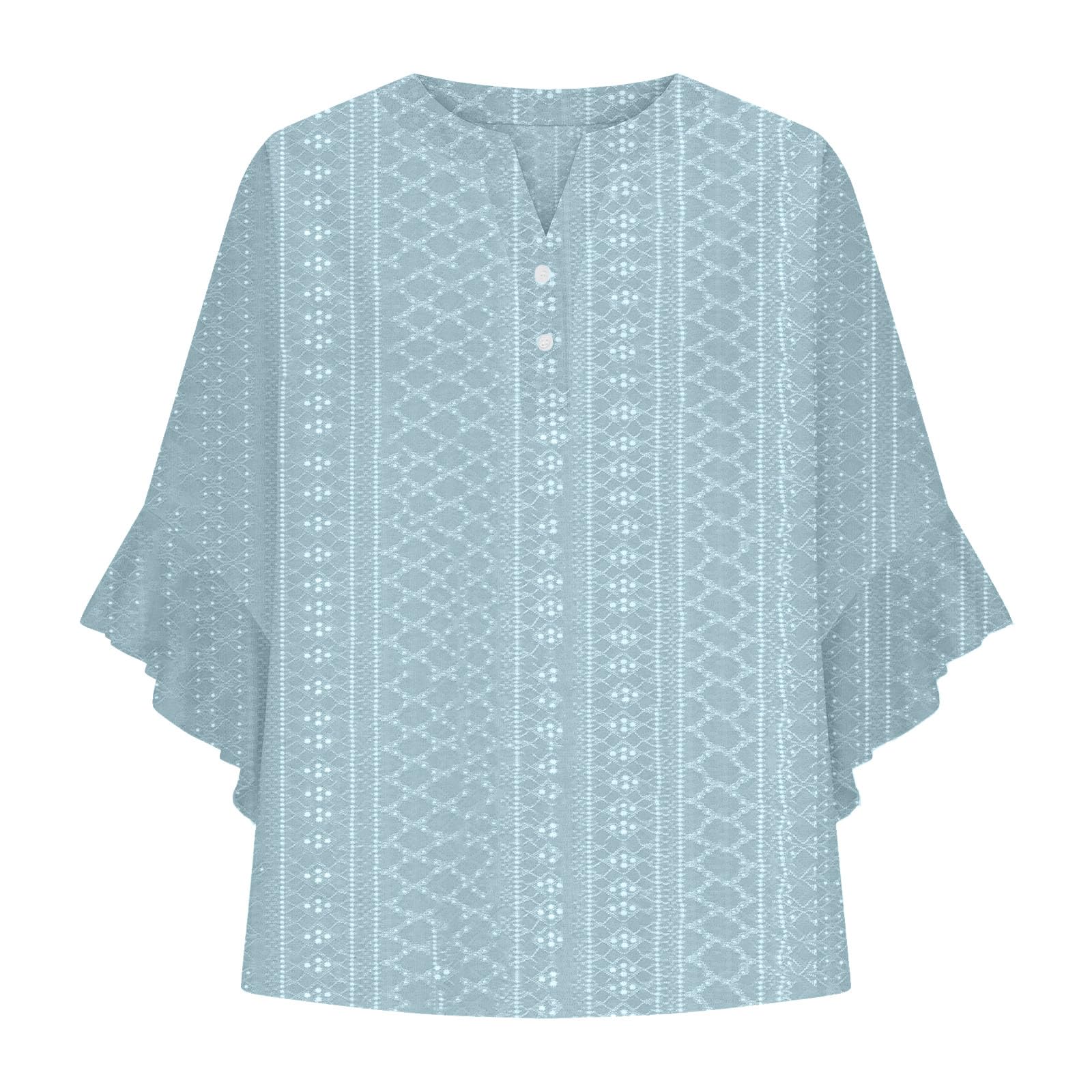 Women's Eyelet Tops V-Neck Ruffle 3/4 Sleeve Blouse Casual Loose Button Up Henley Shirts Boho Flowy Beach Clothes — view 16