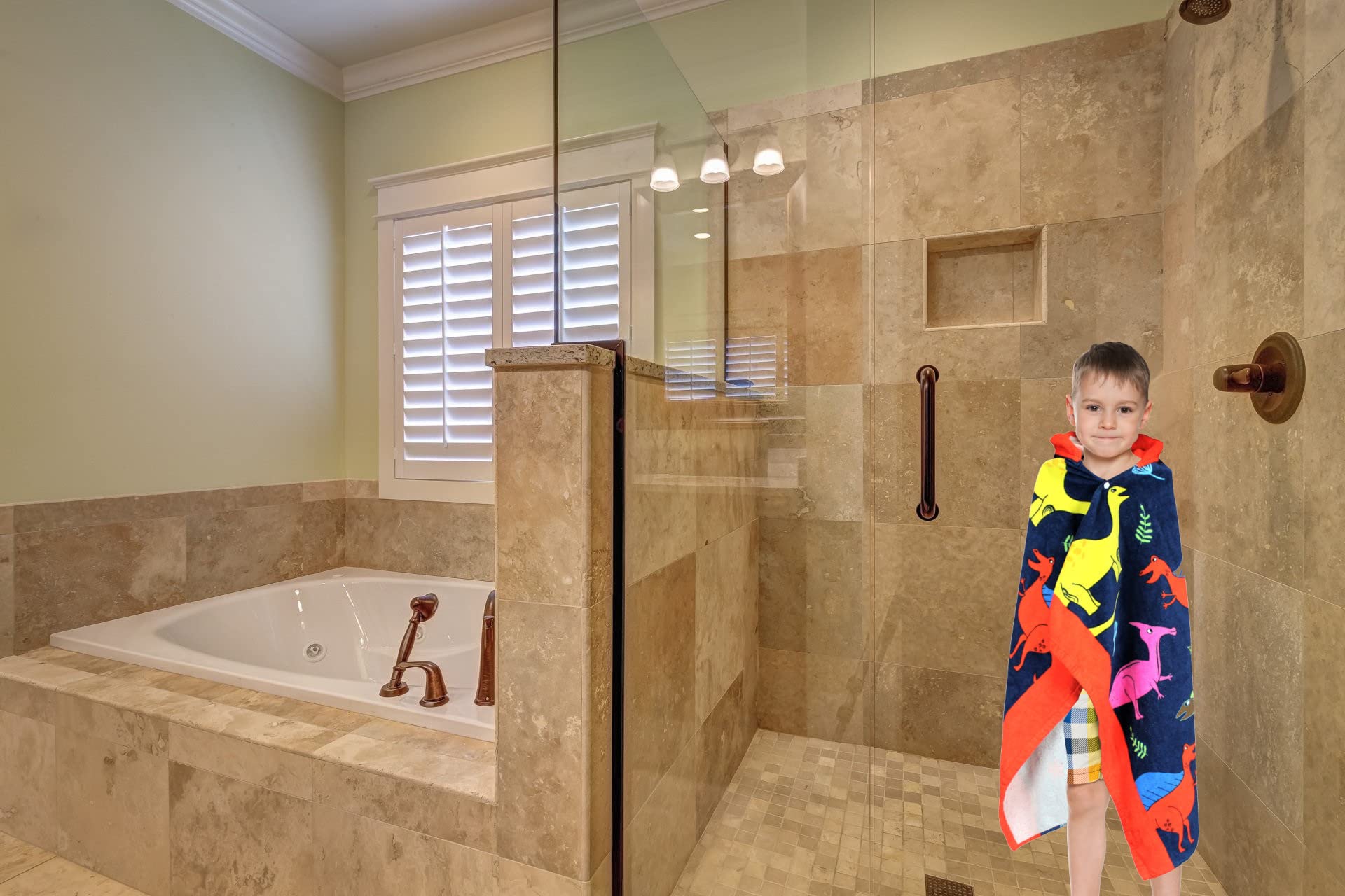Toalla de playa con capucha para niños, diseño de dinosaurio, tamaño grande de 50 x 30 pulgadas, algodón suave absorbente con capucha para niños, niñas, envoltura/albornoz para
