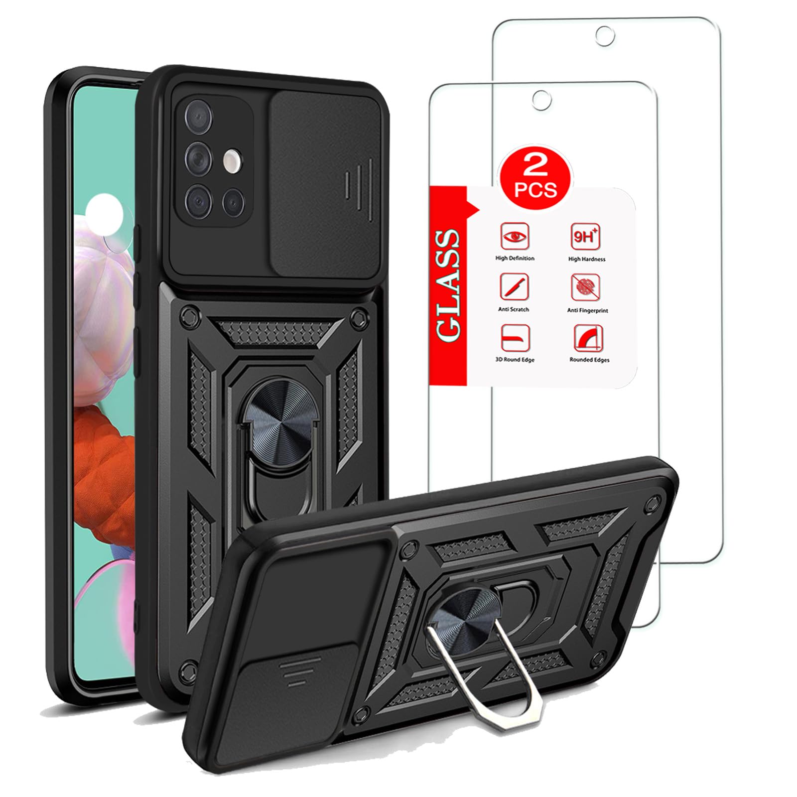 For Samsung Galaxy A51 4G Case【 Not Fit A51 5G Version】with [2 Pack] Tempered Glass Screen Protector,[Military-Grade] Protective，with Lens Protects