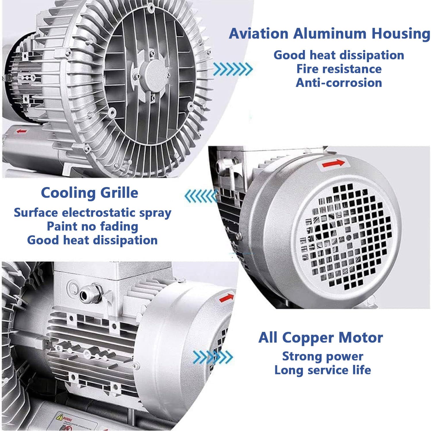 Soplador Regenerativo Industrial,2980 Rpm/Min,Con Carcasa De Aluminio E Impulsor De Aluminio,Doble Propósito De Soplado Y Succión,Volumen De Aire De 50 M³ a 210 M³,Para Limpieza De Polvo De Aire,1100W