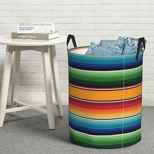 Miniatura 8 de Cesta de lavandería con estampado de sarape mexicano, a rayas, impermeable, plegable, con asa duradera, cesta de almacenamiento circular, bolsa de