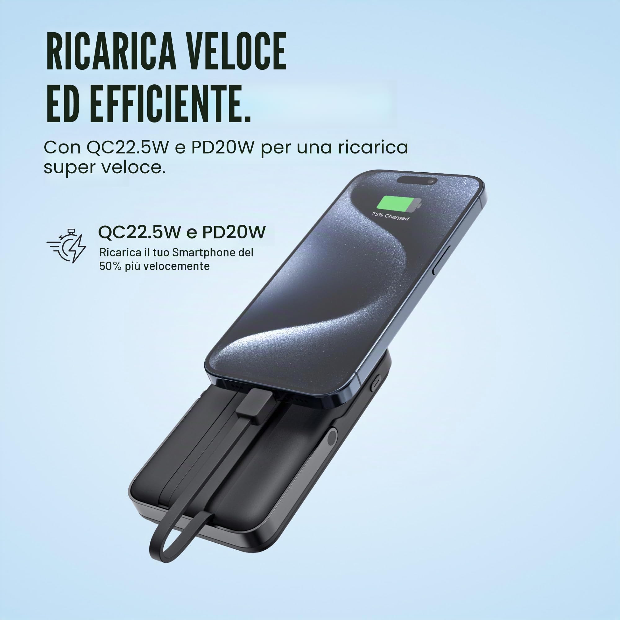 ALL-IN-ONE Power Bank 10.000 mAh Nero – ricarica rapida 22,5W, PD20W, ricarica wireless 15W, caricatore Apple Watch, cavi integrati (USB-C e Lightning), display LED, supporto in alluminio ALL-IN-ONE Power Bank 10.000 mAh Nero – ricarica rapida 22,5W, PD20W, ricarica wireless 15W, caricatore Apple Watch, cavi integrati (USB-C e Lightning), display LED, supporto in alluminio