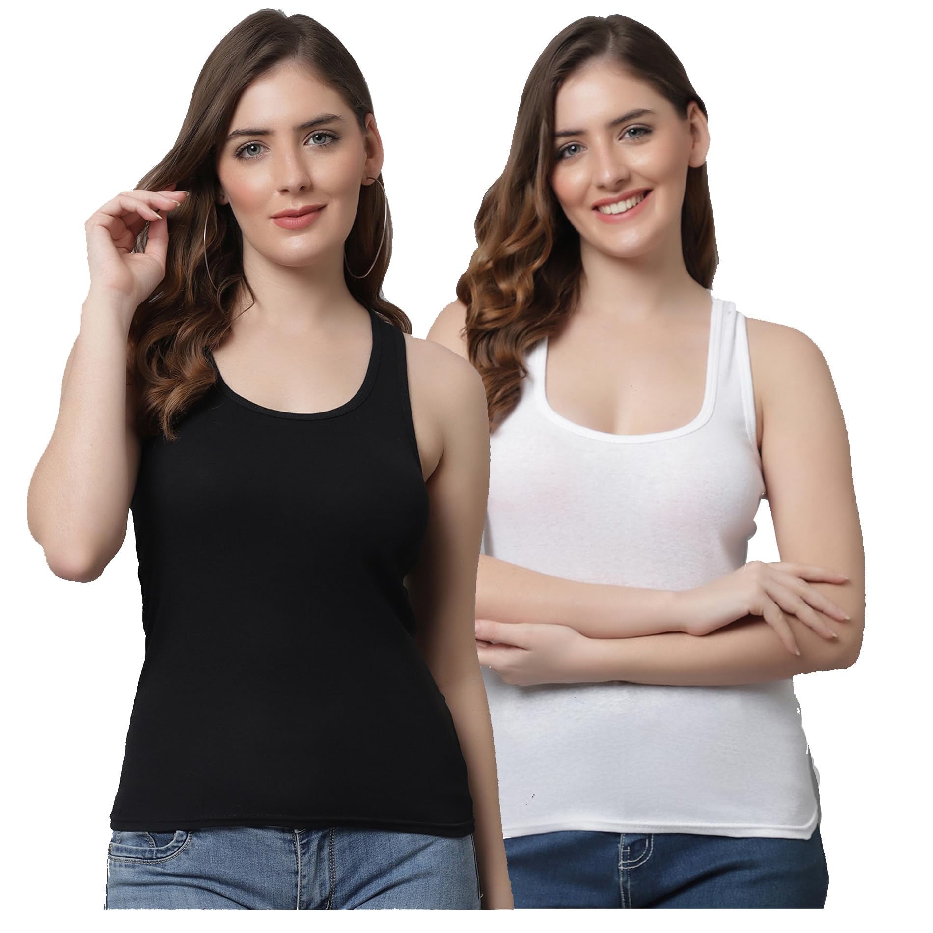 kex KEX® Premium White & Black Lock Neck Tank Top Combo for Women's & Girl's | Soft & Breathable Fabric, White Tank Top | Sleeveless Slim Fit Casual Sports Vest | Cotton Blend Gym, Yoga & Everyday Wear-picture-27
