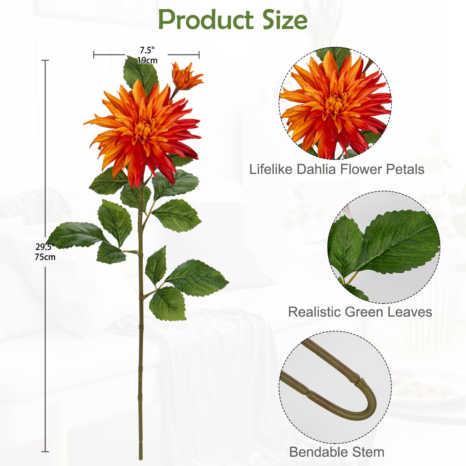 7.5'' Large Artificial Dahlia Flowers with Long Stems, 3pcs Orange Fake Flowers and 3pcs Decorative Faux Buds - Image 2
