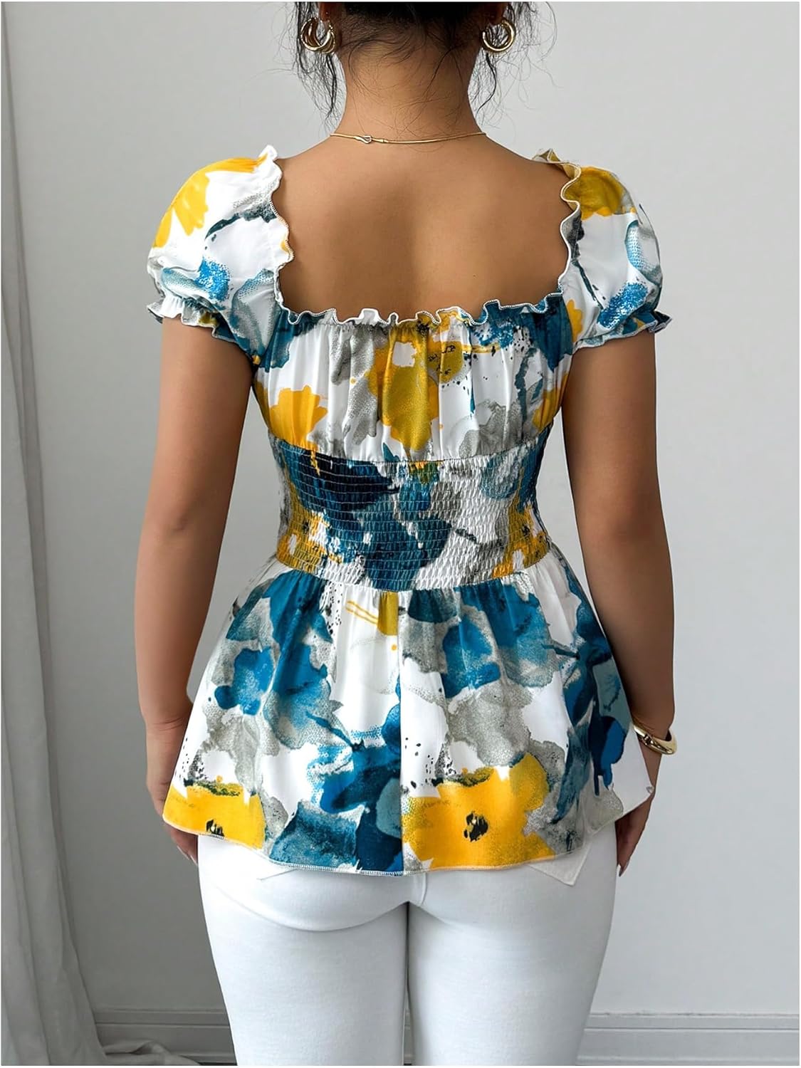 SOLY HUX Women's Floral Blouse V Neck Puff Sleeve Shirred Peplum Ruffle Hem Summer Tops - Image 2