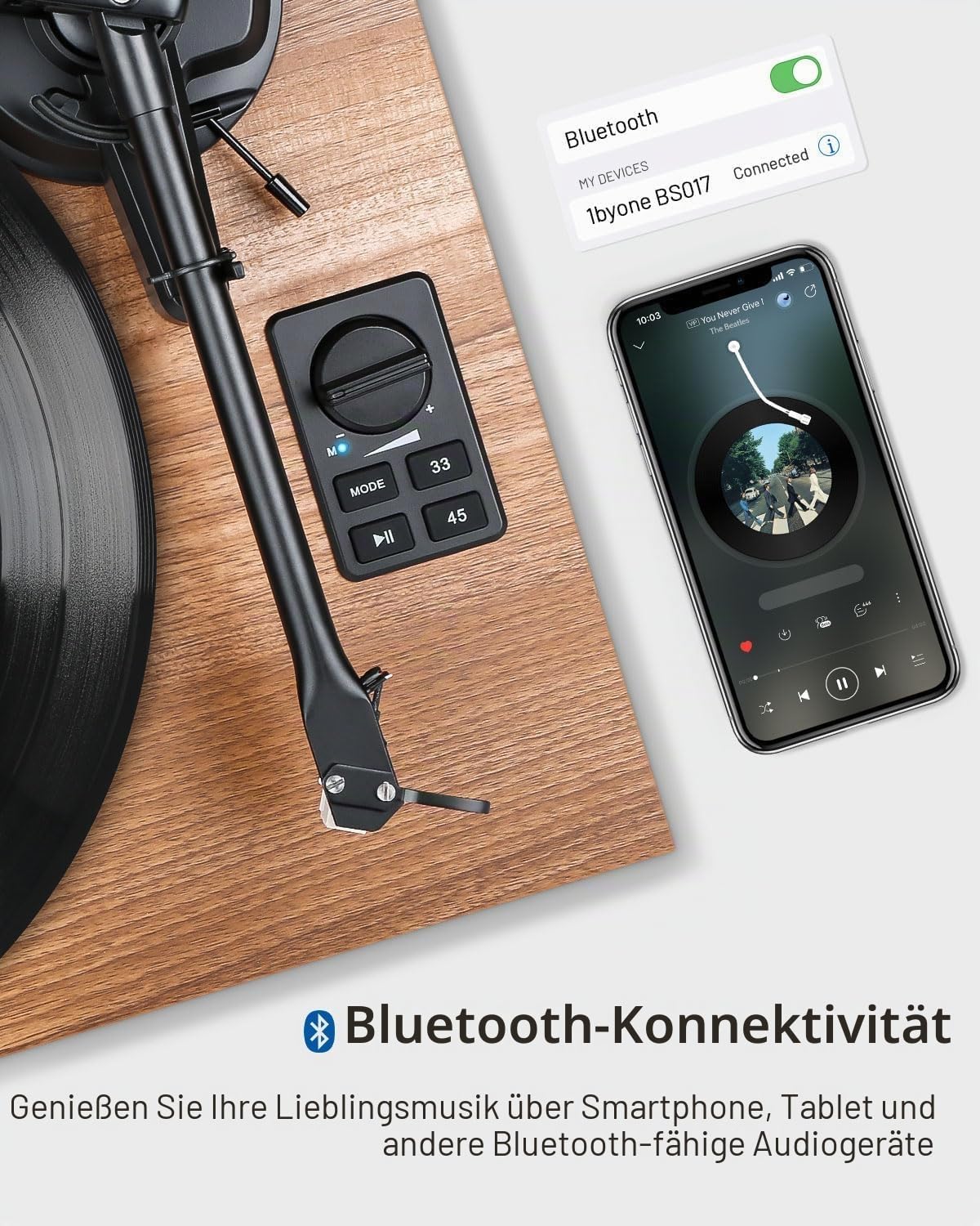 1 by ONE HiFi Bluetooth Plattenspieler mit USB-Anschluss MM System 33/45 U/min Auto-Stopp und Phono-Vorverstärker Riemenantrieb Vinyl Record Player mit 2 Lautsprechern