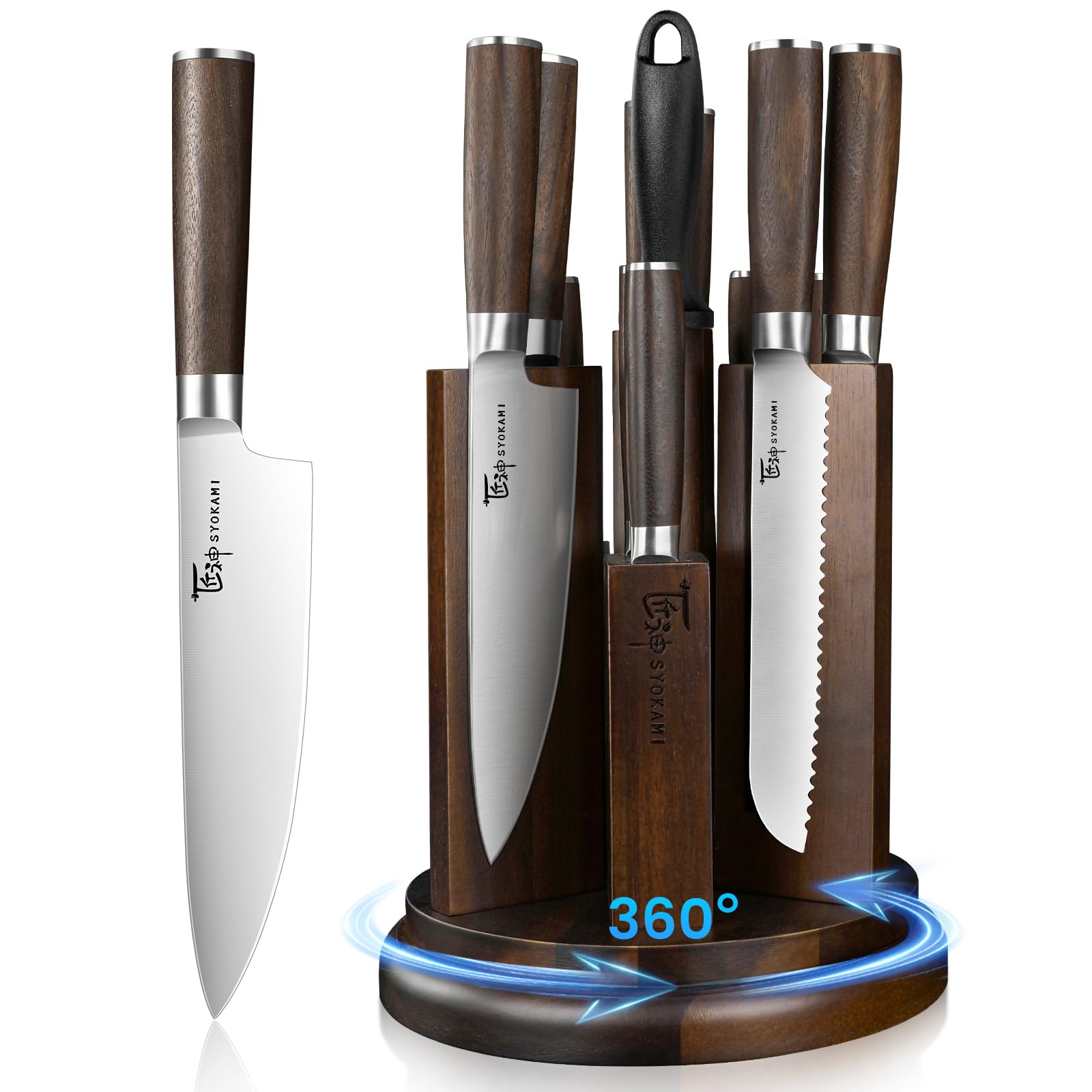 SYOKAMI 2026 Upgrade Knife Set 14 Piece Japanese Style Kitchen Knife Set With 360° Rotatable Magnetic Block, Sharp High Carbon Stainless Steel Knives Sets with Steak Knives and Sharpener, Gift for Mom