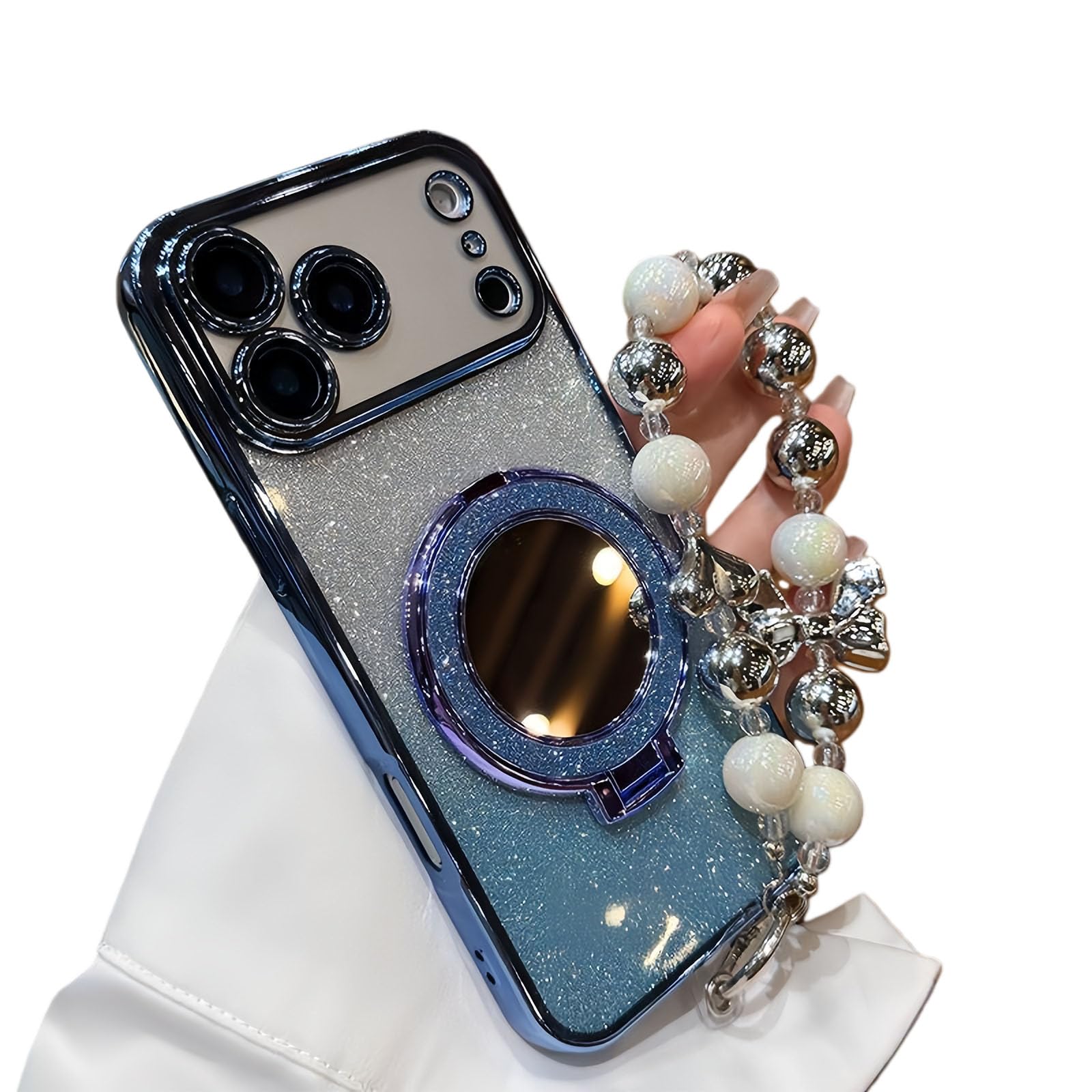 Sparkling Diamond damskie etui na telefon z lustrem i stojakiem do iPhone 12/13/14/15/16/17 Pro Max, 17air, błyszczące etui z kryształami górskimi, luksusowe etui z perłową smyczą dla kobiet (12 Pro