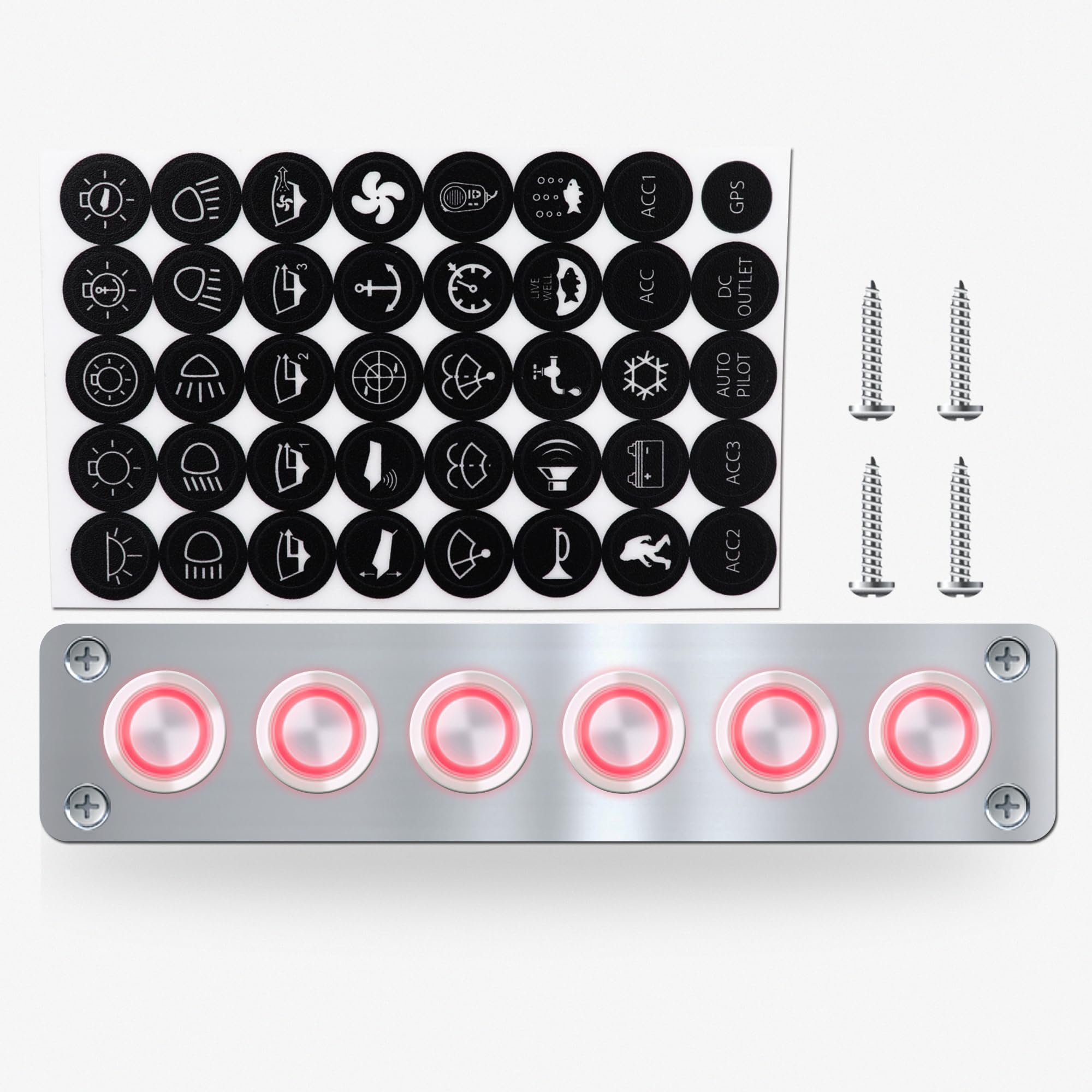 Ambuker 6 Gang Push Button Switch Panel Antioxidant Aluminum DC 12V Pre-Wired with LED Indicator Light IP65 Waterproof Panel for Marine Car RV Truck Yacht (Red LED)