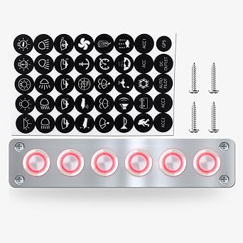 6 Gang Push Button Switch Panel Antioxidant Aluminum DC 12V Pre-Wired with LED Indicator Light IP65 Waterproof Panel for Marine Car RV Truck Yacht Red LED