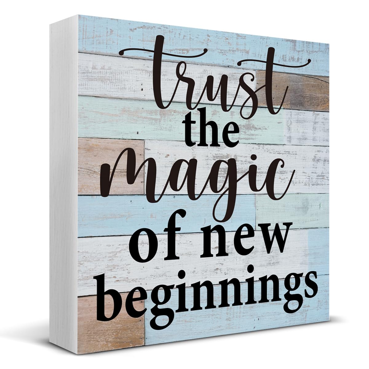 Trust the Magic of New Beginnings Wooden Box Sign Desk Decor, Inspirational Quote Wood Box Sign for Home Office Shelf Table Decoration 5 X 5 Inch