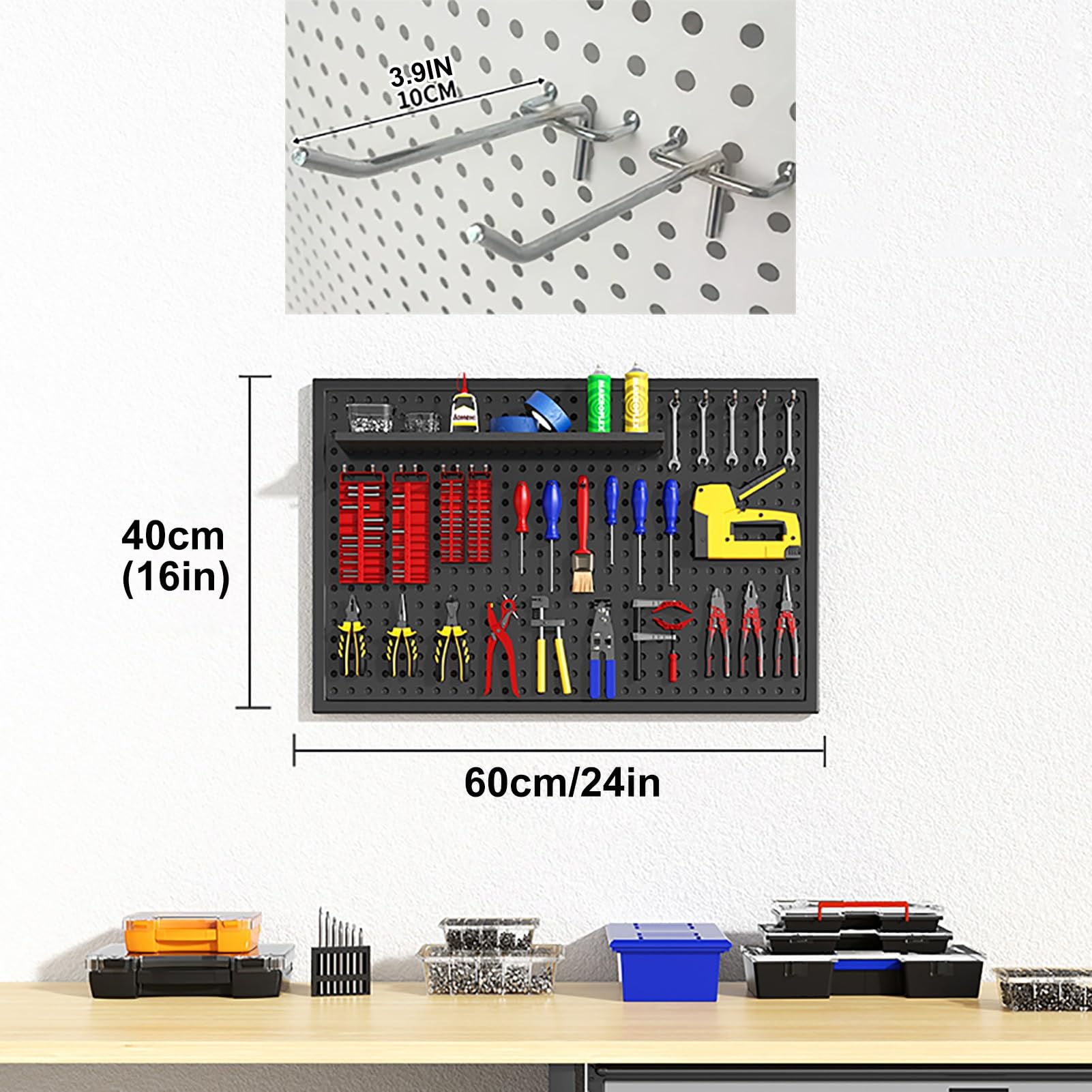 Tablica Perforowana na Narzędzia Z Haczykami, Metalowa Tablica Perforowana do Organizera Narzędzi w Garażu, Zestaw Tablic Perforowanych, Panele Tablicy Perforowanej(Black,60x40cm/24x16in)