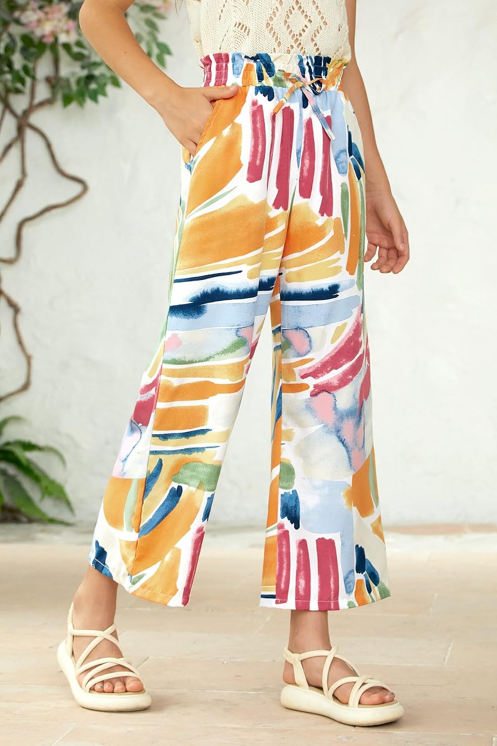Girls Summer Cute Print Wide Leg Dress Pants Lightweight Palazzo Pants Flowy Lounge Trousers with Pocket 5-14 Years