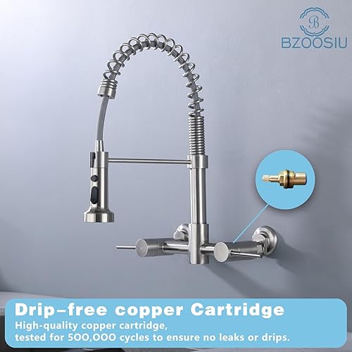 Miniatura 7 de BZOO SIU- Grifo de cocina de montaje en pared, 8 pulgadas, centro de pared, grifo de fregadero de cocina con rociador extraíble, comercial, níquel