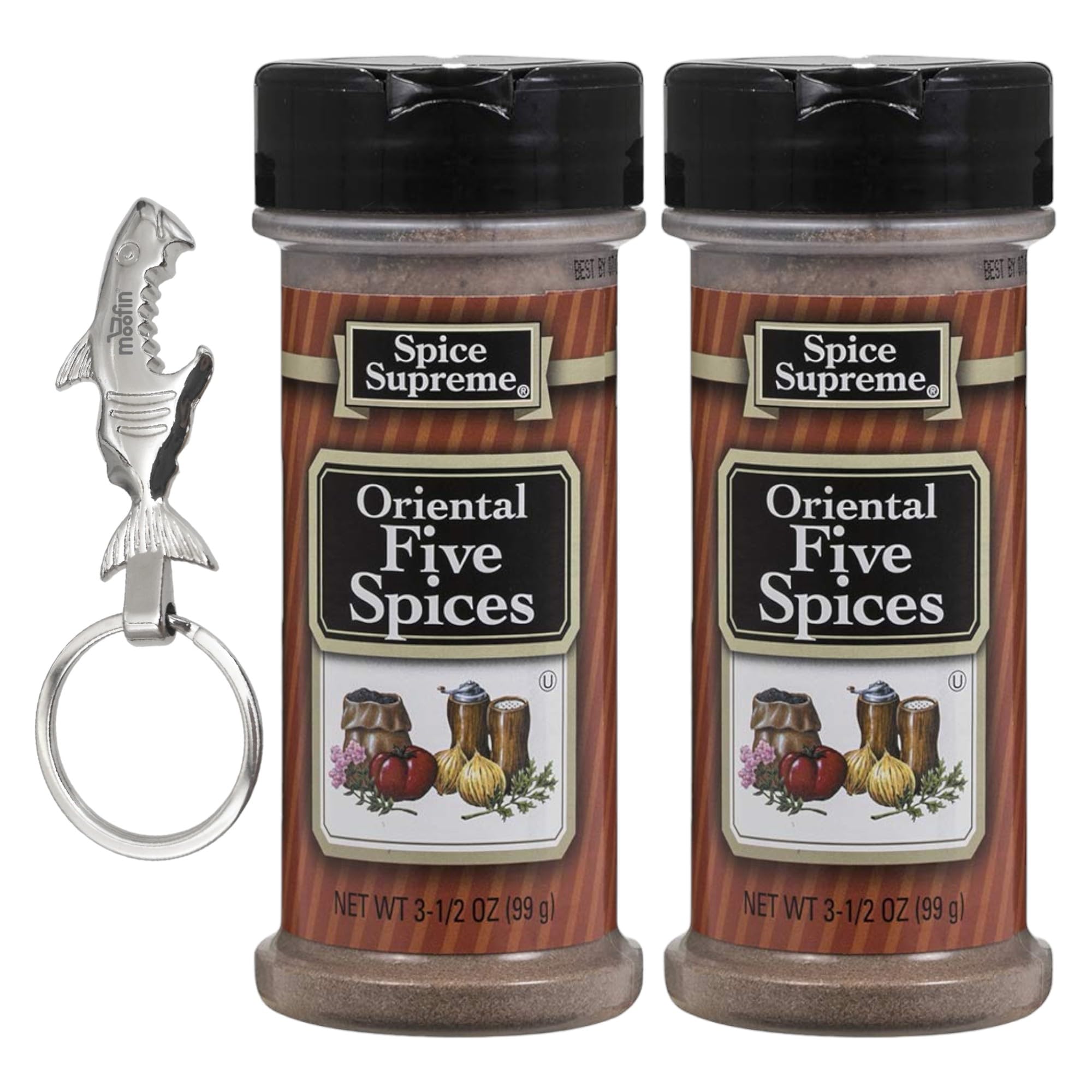 moofin Spice Supreme Oriental Five s 35 oz, with Moofin Silver SS Bottle Opener Keychain, Exotic Blend, For Curries, Marinades, Meats, Soups and more, Easy use Container, Chinese 5 (Pack of 2)