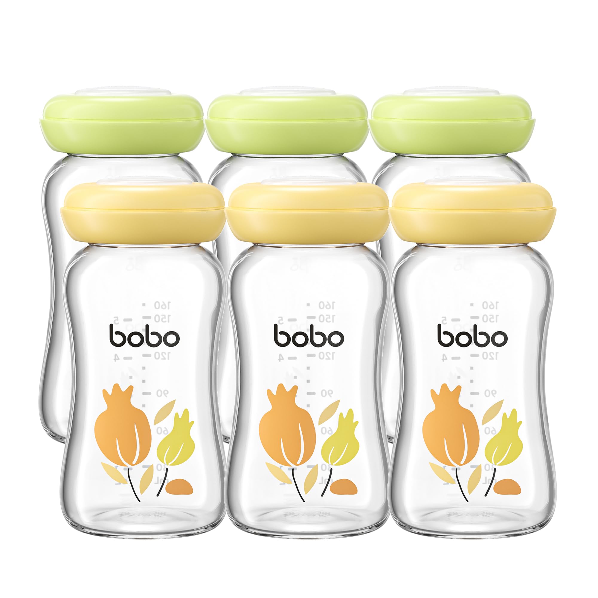 YOHKOH Premium-Glasflaschen für Muttermilch, 6 x 160 ml - zur sicheren Muttermilch Aufbewahrung, spülmaschinen-, gefrier- und mikrowellengeeignet (Mehrfarbig1, 160ml (6er Pack))