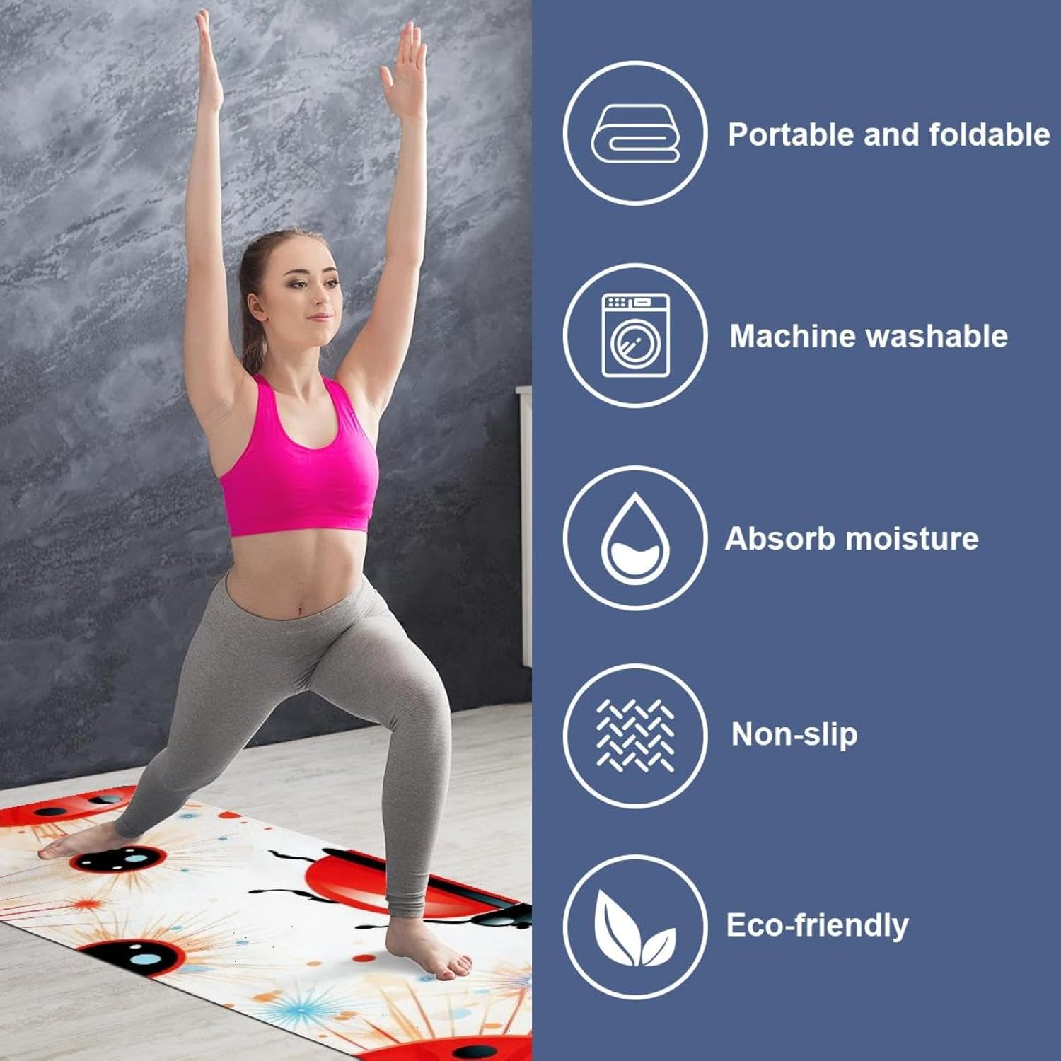Yoga Towel, Ladybug Pattern Non Slip Sweat Absorbent Hot Yoga Mat Towel for Hot Yoga, Pilates and Fitness - 72.8" x 26.8"