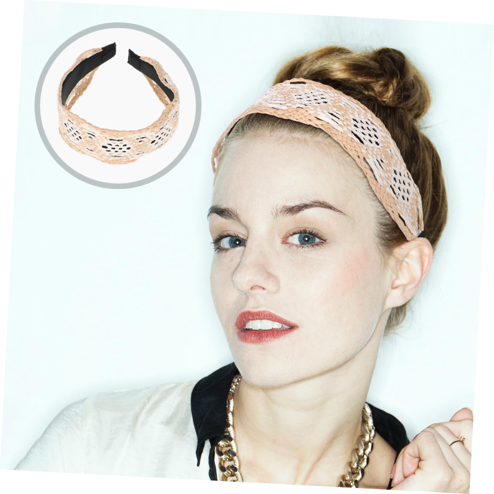 Bandeau Large Cheveux en Raphia Beige, Coiffe Rétro pour Femmes