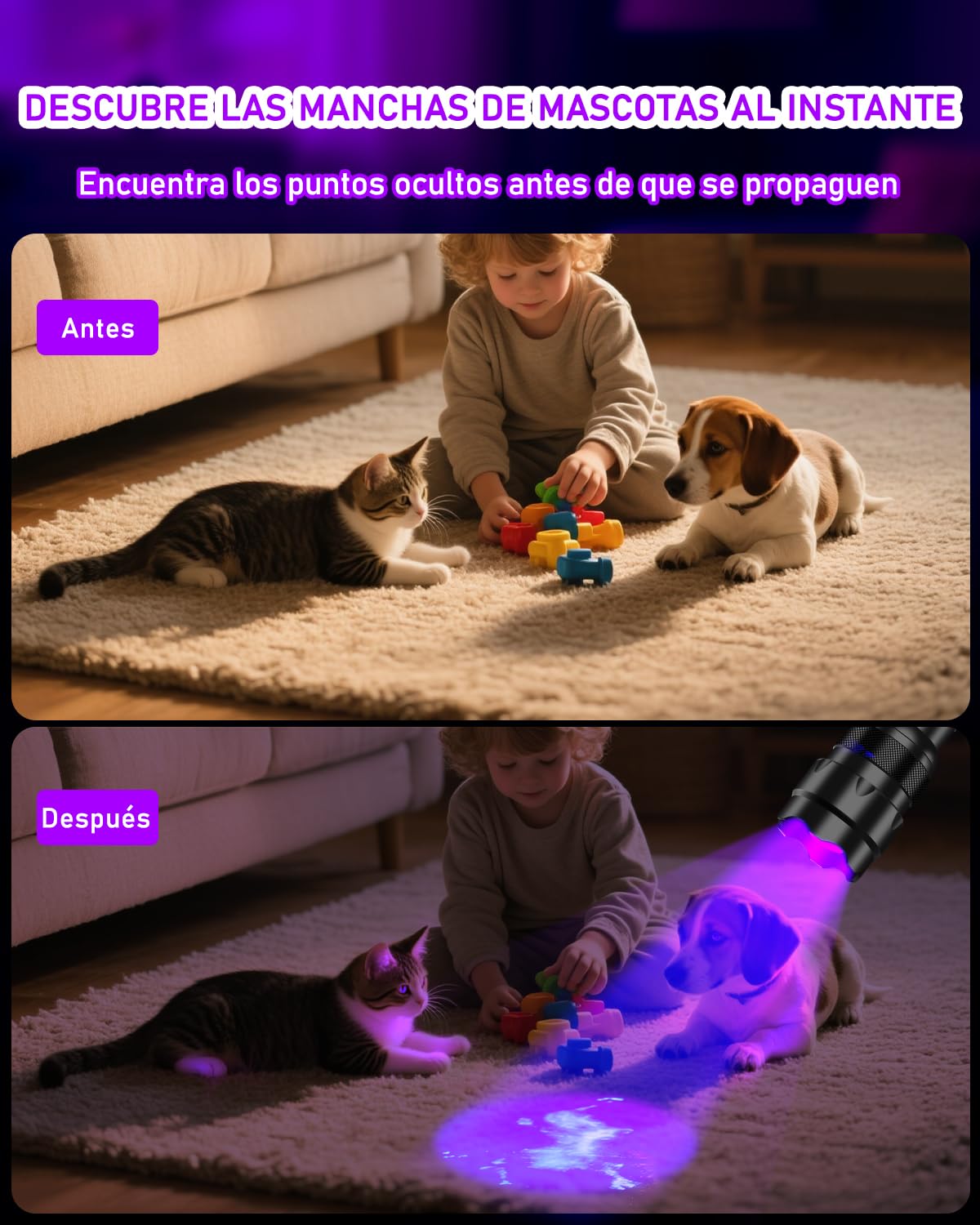 Ultrafire Linterna UV 395-405nm Zoom Ultravioleta Pequeña Linterna LED, Modo Unico Enfoque Ajustable Mini Linterna Táctica para Resina Secado, Orina Mascotas, 502UV