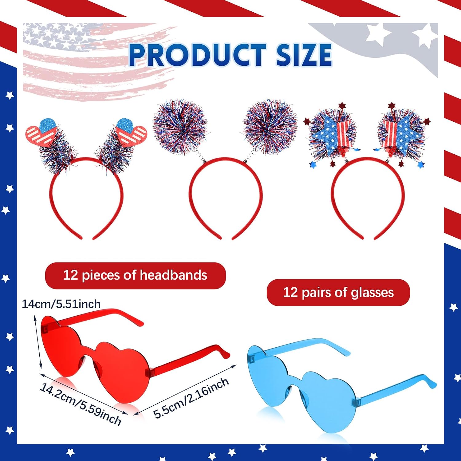 Jutom 24 Pieces 250th Anniversary 4th of July Patriotic Headbands and Glasses Set, American Flag Star Head Bopper for Memorial Veterans Independence Party Favor