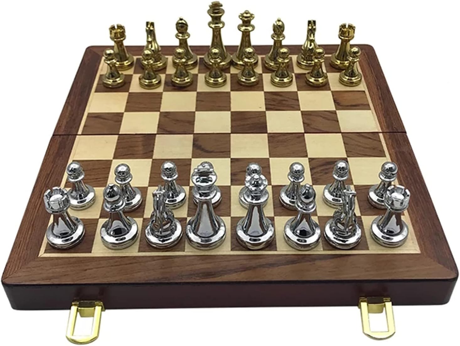 Chess Set Board Game Metal Glossy Golden and Silver Chess Pieces Solid Wooden