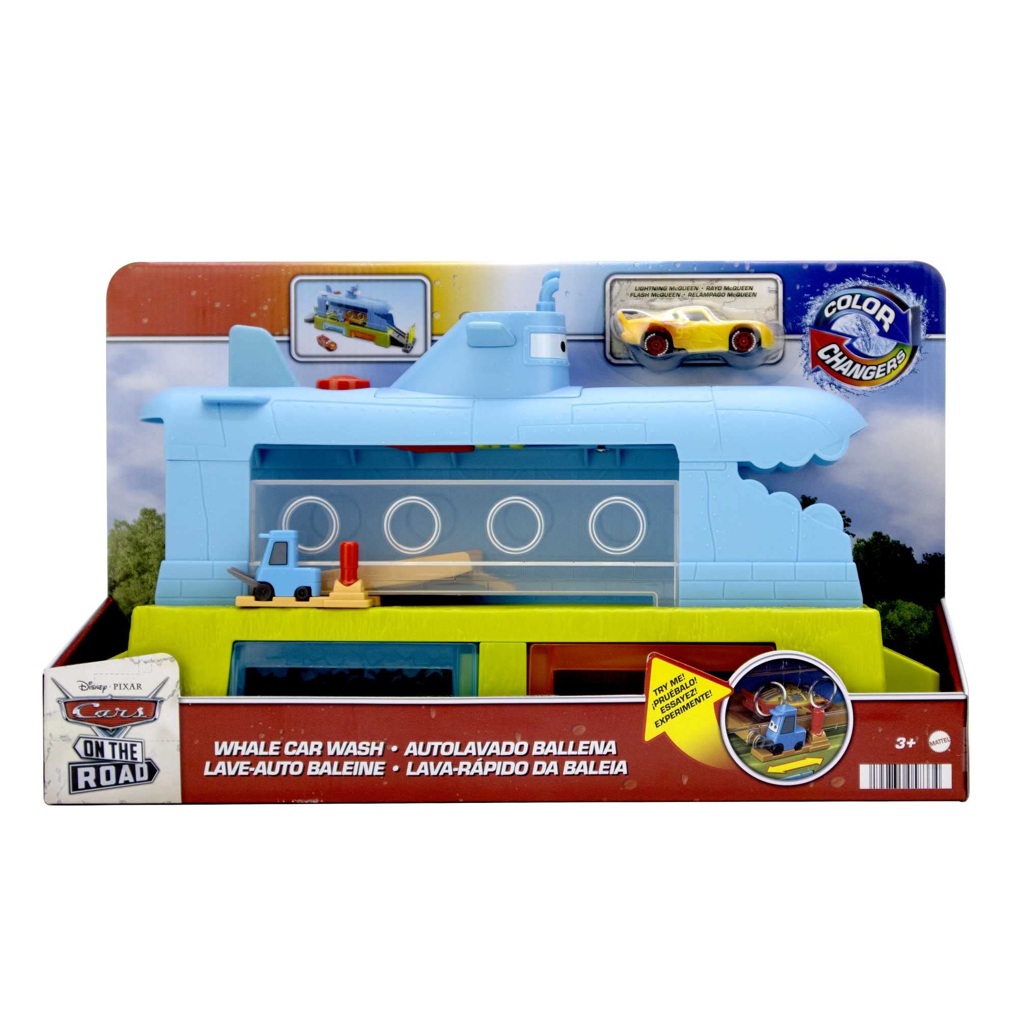 Mattel Disney Cars on the Road Ballena lavadero de coches Pista para coches de juguete, incluye 1 vehículo Rayo McQueen que cambia de color en el agua, regalo +4 años (HGV70)