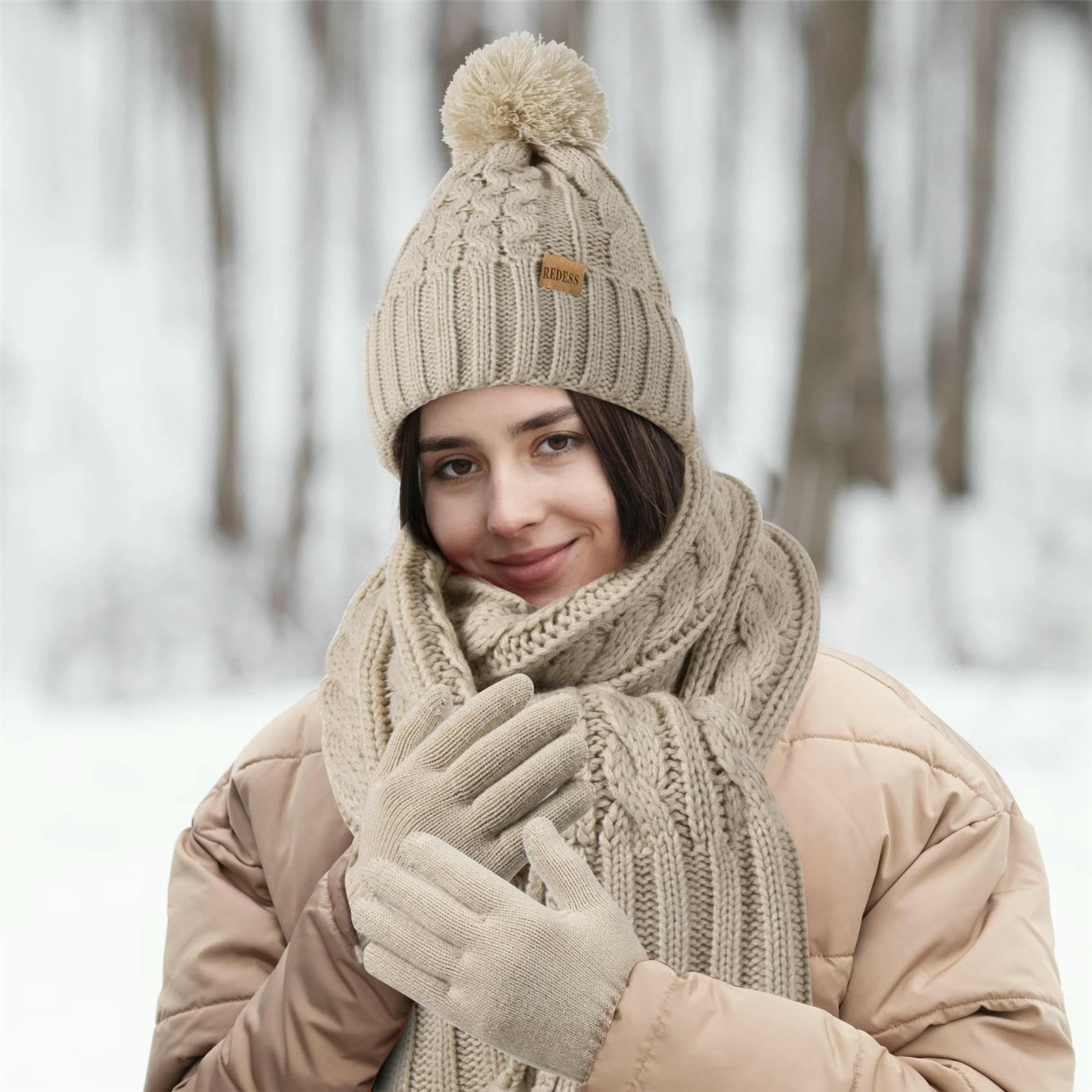 Mütze,Schal & Handschuh-Sets Wintermütze Für Damen Mit Gedrehtem Bommel Und Fleecefutter Sowie Set Aus Strickhandschuhen Schal, Geeignet Zum Warmhalten -beige-einheitsgröße
