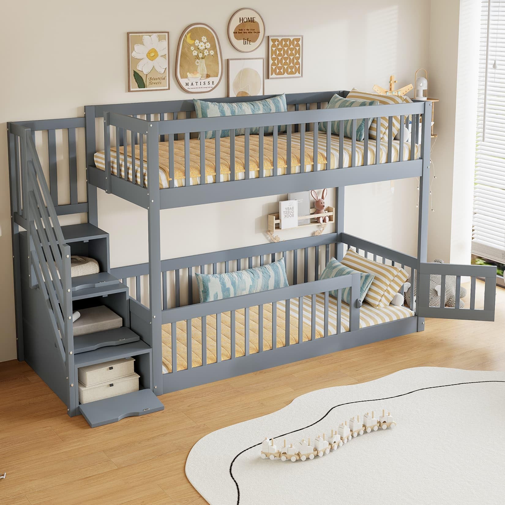 PUGSDRLY Lit Superposé Enfant 90x200cm en Bois avec échelle Rangement,Lit Mezzanine 2 Places avec Sommier à Lattes,Barrière de Sécurité Haute,pour Enfant et Adolescent,sans Matelas (Gris-90)