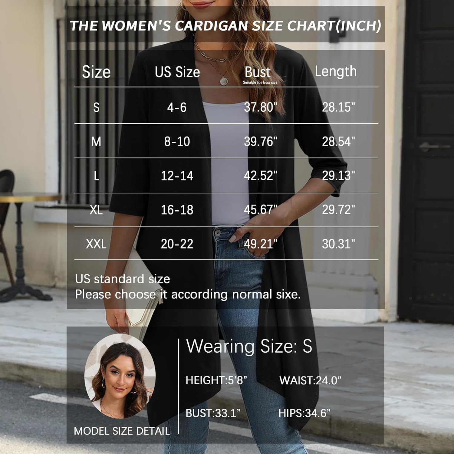 Women's Open Front Cardigan Lightweight Soft Knit 3/4 Sleeve High-Low Draped Hem Loose Casual Duster(Black, X-Large) - Image 5