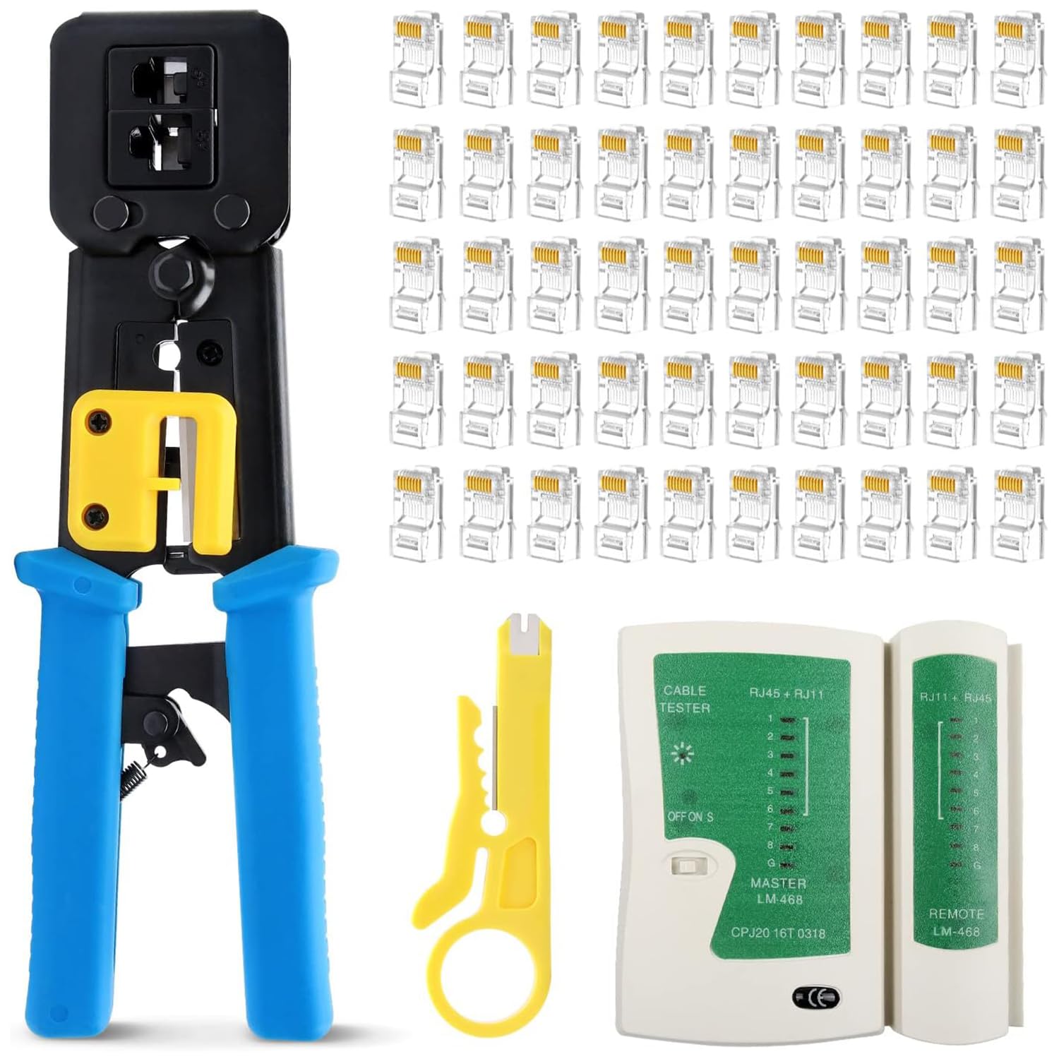 FEDUS RJ45 Crimping Tool Kit, Passthrough rj45 for Cat6A Cat5E Cat5 RJ45, 25PCS Connector, Network lan Tester, Cut and Strip
