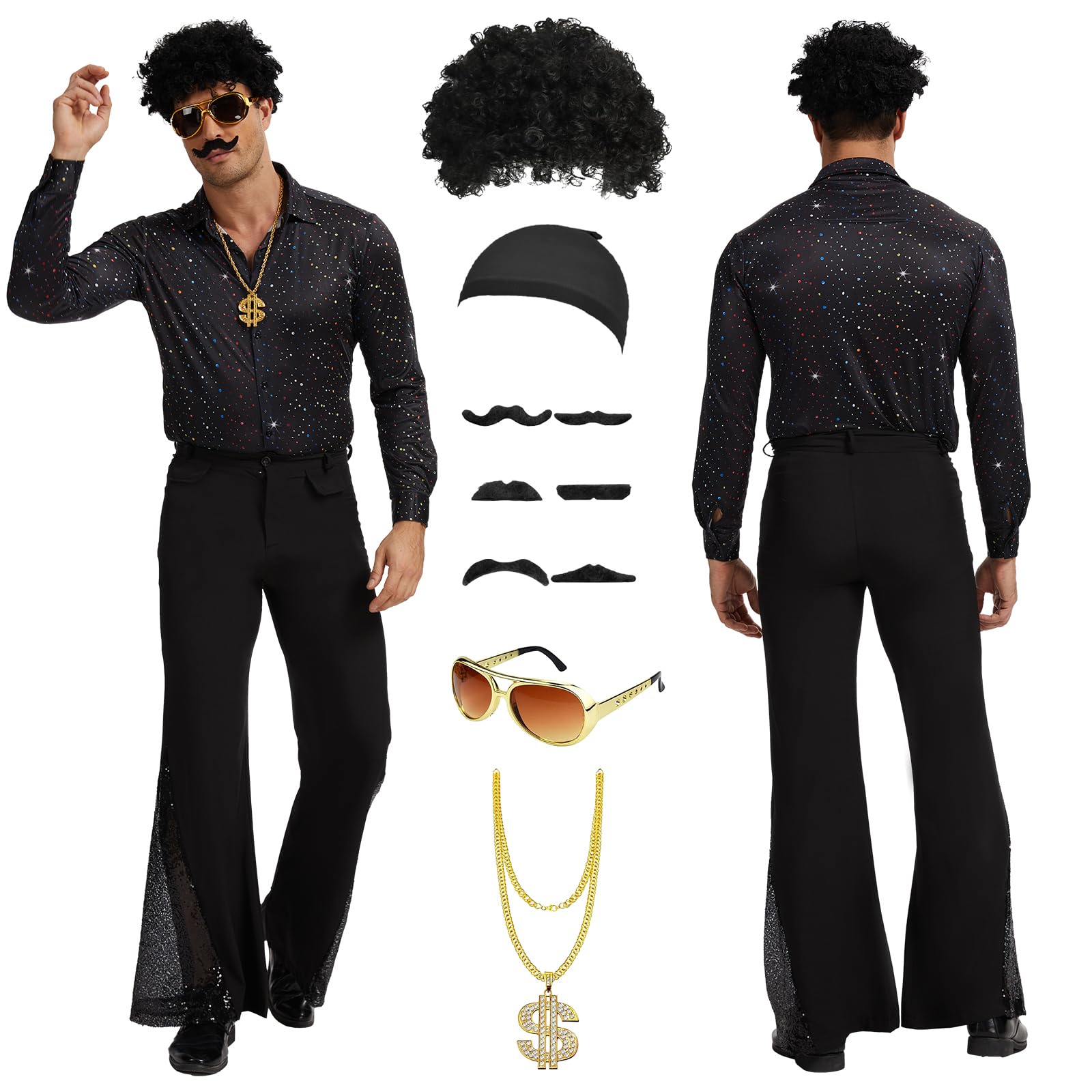 PORJDN Disco Costume for Men, 70s Hippie Outfit with Afro Wig and Accessories, 1970s Retro Party Shirt, 80s Disco Fancy Dress for Halloween Theme Parties (Black, S)