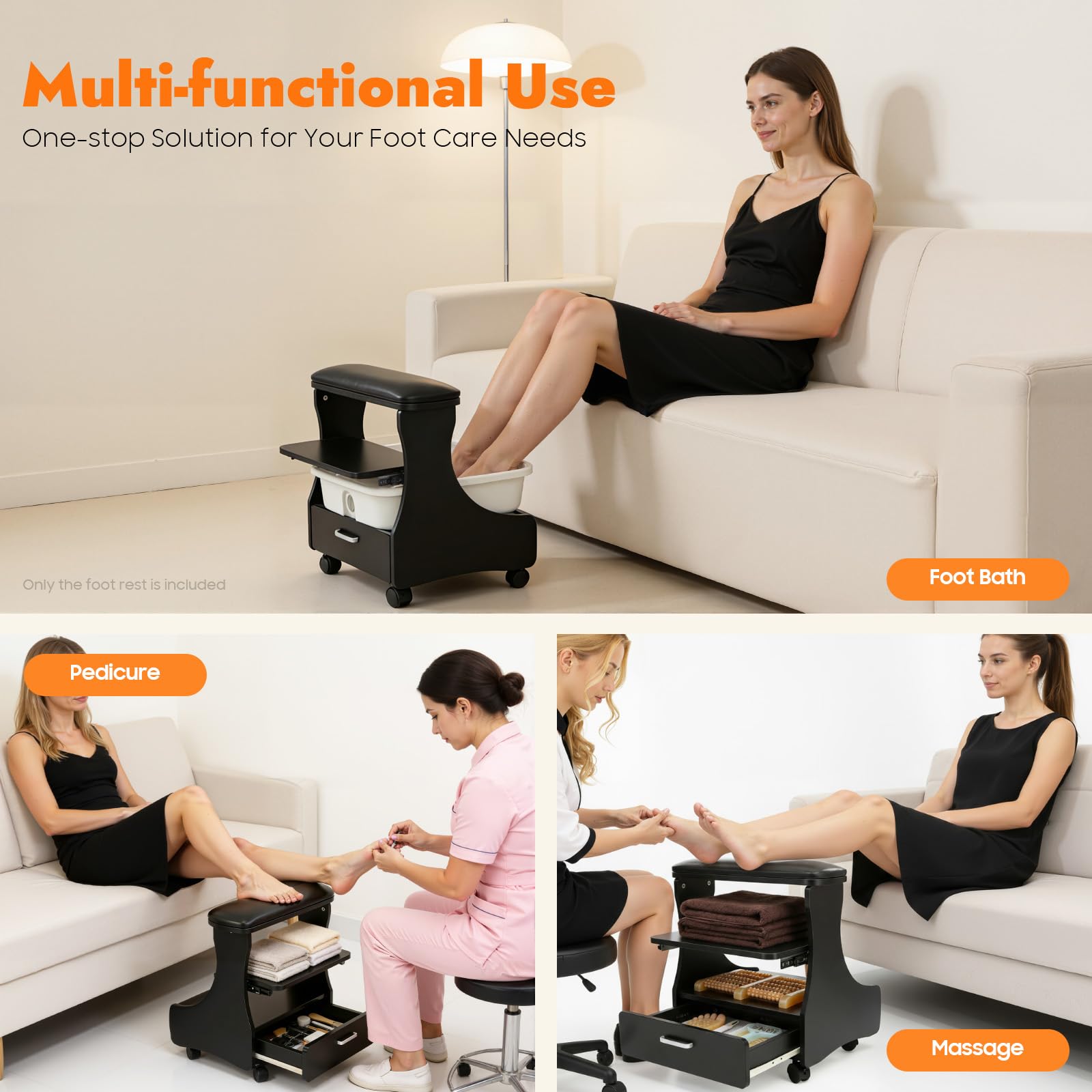 Poggiapiedi per pedicure con 3 cassetti, poggiapiedi per manicure con ruote e freni, poggiapiedi per pedicure, per salone di bellezza, salone di bellezza, 80 kg