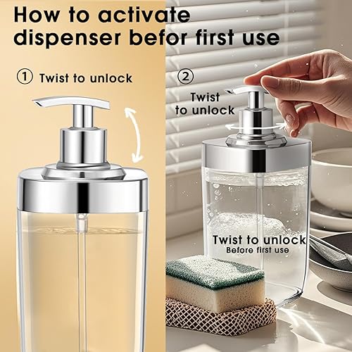 Miniatura 8 de Dispensador de jabón de cocina con soporte para esponja, botella de jabón recargable para encimera de cocina, dispensador de jabón para platos de