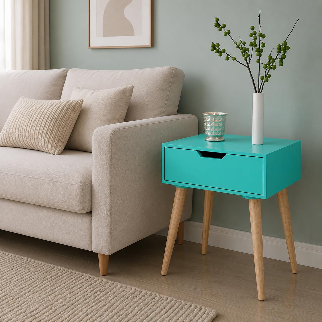 DDS Dream Decor Shoppee Nightstand End Side Table Drawer and Solid Wood Legs Bedside Table for Bedrooms, Mid-Century Modern Storage Cabinet for Living Room Furniture (Green)-image-48