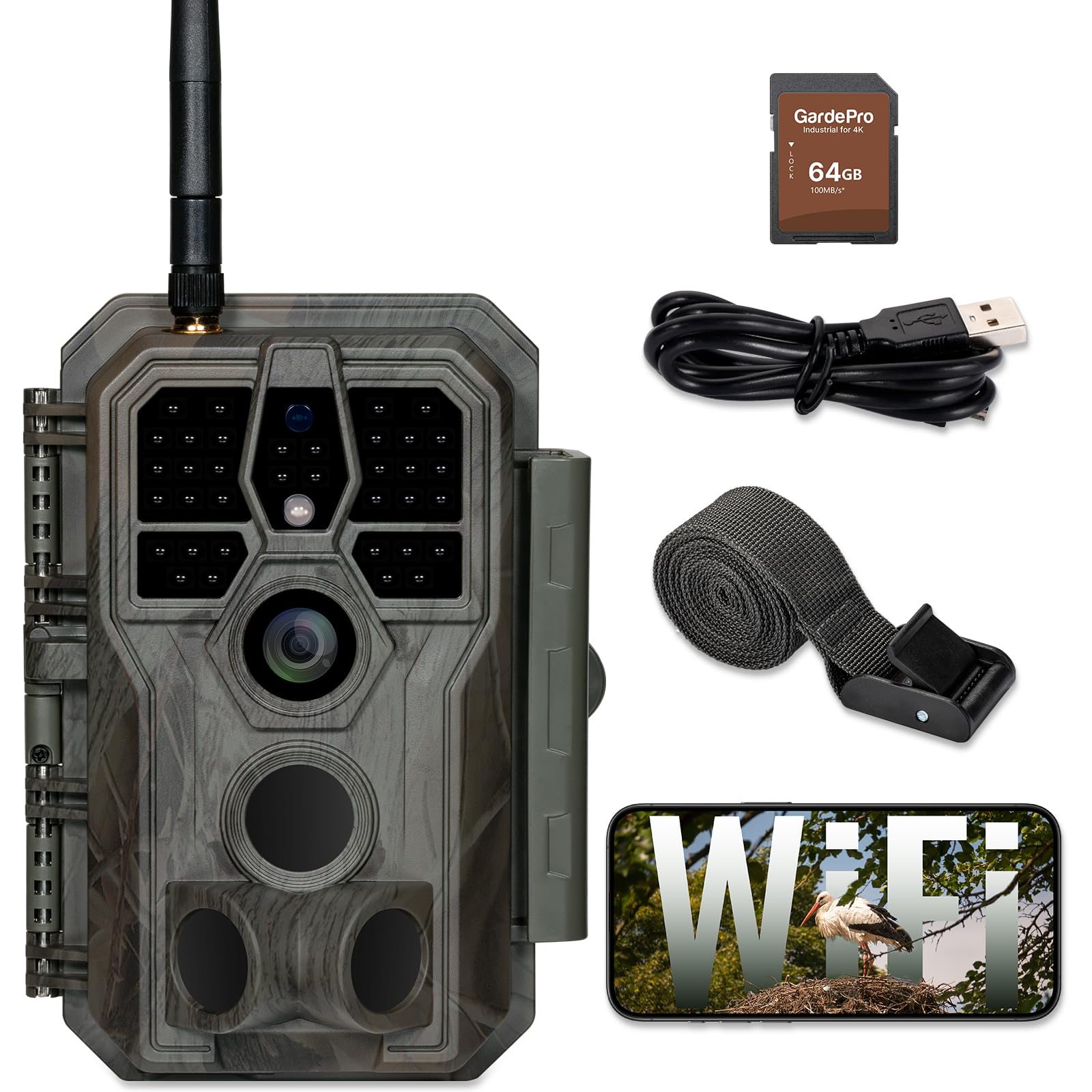 GardePro E8 Wildkamera WLAN mit 64 GB SD-Karte, 64MP H.264 1296P Video, 27m Infrarot Nachtsicht Bewegungsmelder Wildtierkamera WiFi Handyübertragung, 0,1s Schnelle Trigger, IP66
