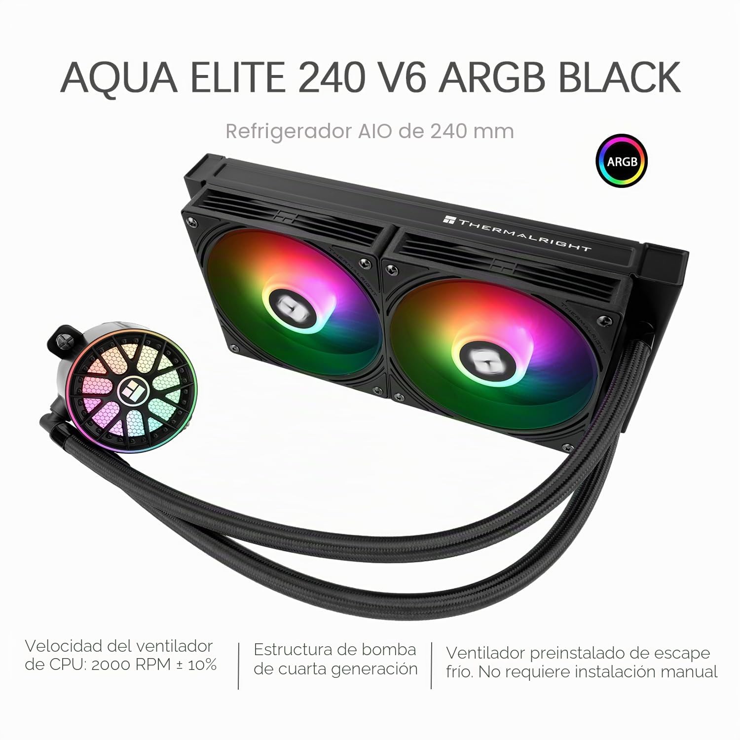 TR-Thermalright AQUA ELITE 240 V6 ARGB Negro Enfriador líquido, Refrigeración Aio 240 mm, Ventiladores Dual PWM - ARGB, para AMD AM4/AM5, Intel LGA1851/1700/115x/1200 (negro)