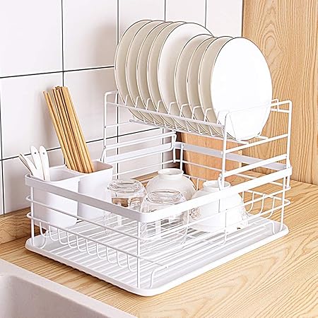 Amazon 食器水切りかご スリム 水切りラック Pinkhome バスケット 食器乾燥ラック ディッシュラック 水が流れる 皿置き 箸立て キッチン収納 トレー付 2層 水切りラック オンライン通販