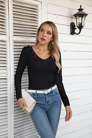 VICHYIE Womens Long Sleeve Shirts V Neck Ruffle Hem Slim Fitted Ribbed Knit Trendy Tee Tight Tops