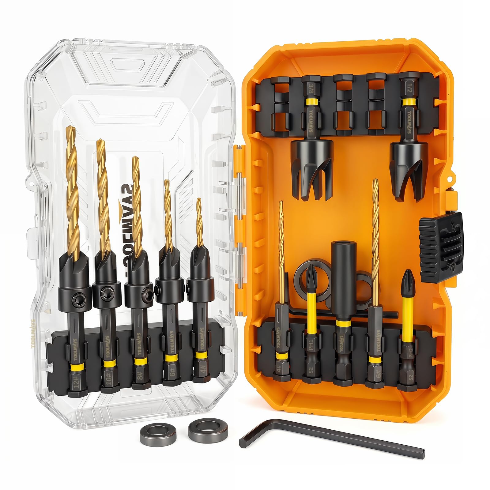 TOOLMAYS Countersink Drill Bit Set, 15 PCS HSS Counter Sink Drill Bits for Woodworking With 1/4" Hex Shank, Includes 2 PCS Wood Plug Cutters, Screwdriver Bits & Extension Bit Shaft With Storage Box