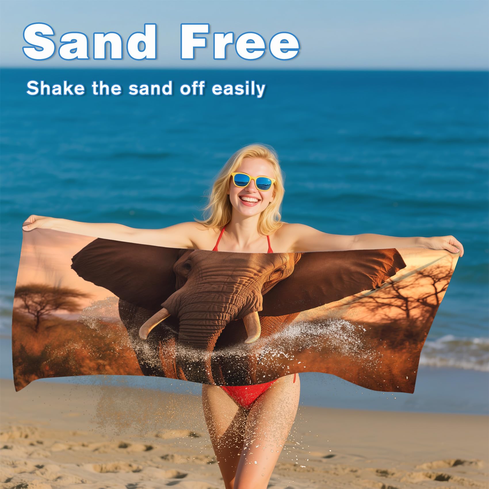 Serviette de Plage XXL Microfibre éléphant Animaux Africains, Drap de Plage Séchage Rapide Anti Sable & Légère, Serviette de Bain Grande Taille 150x200 cm, Accessoire & Cadeau été