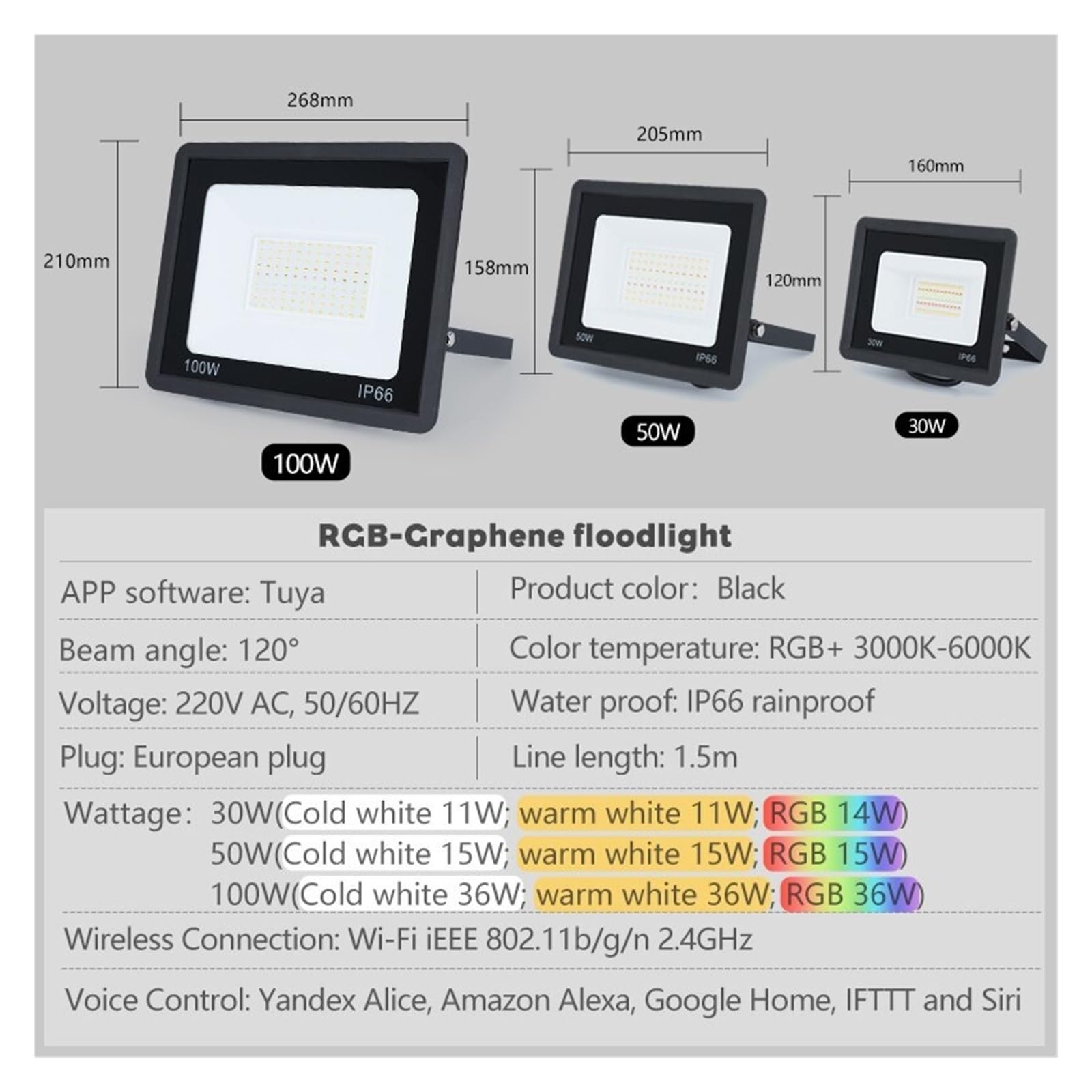 Proiettore a LED, TUYA RGB Proiettore Smart APP Controllo vocale CCT 3000-6500K 30W 50W 100W AC for illuminazione esterna for feste in giardino(30W)