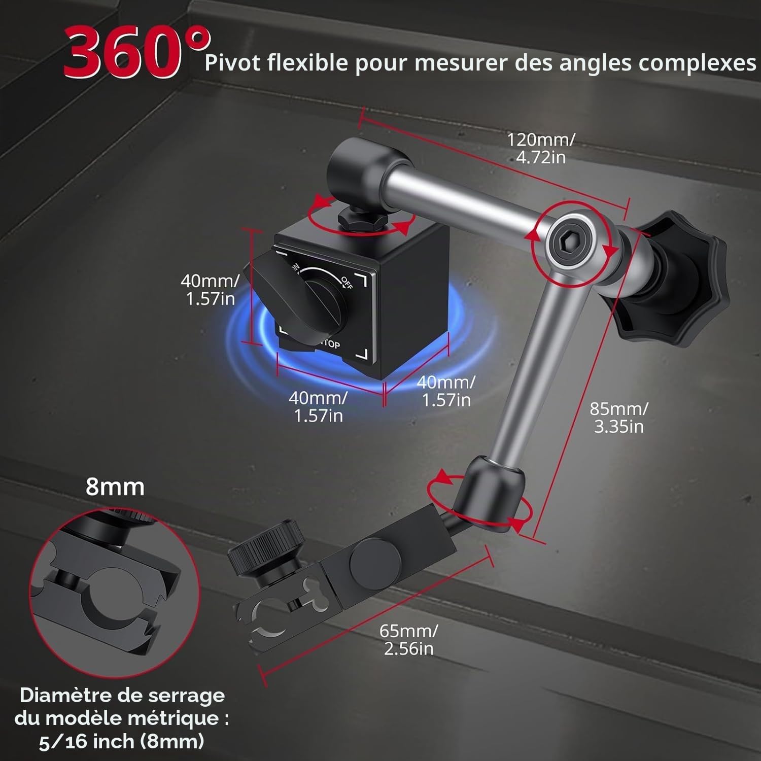 XUNTOP Comparateur Digital 0-25.4 mm avec Base Magnétique 60 kg Indicateur Numérique Haute Précision 0,01 mm Zéro Automatique Conversion mm/pouce Support Articulé pour CNC Tour Fraiseuse