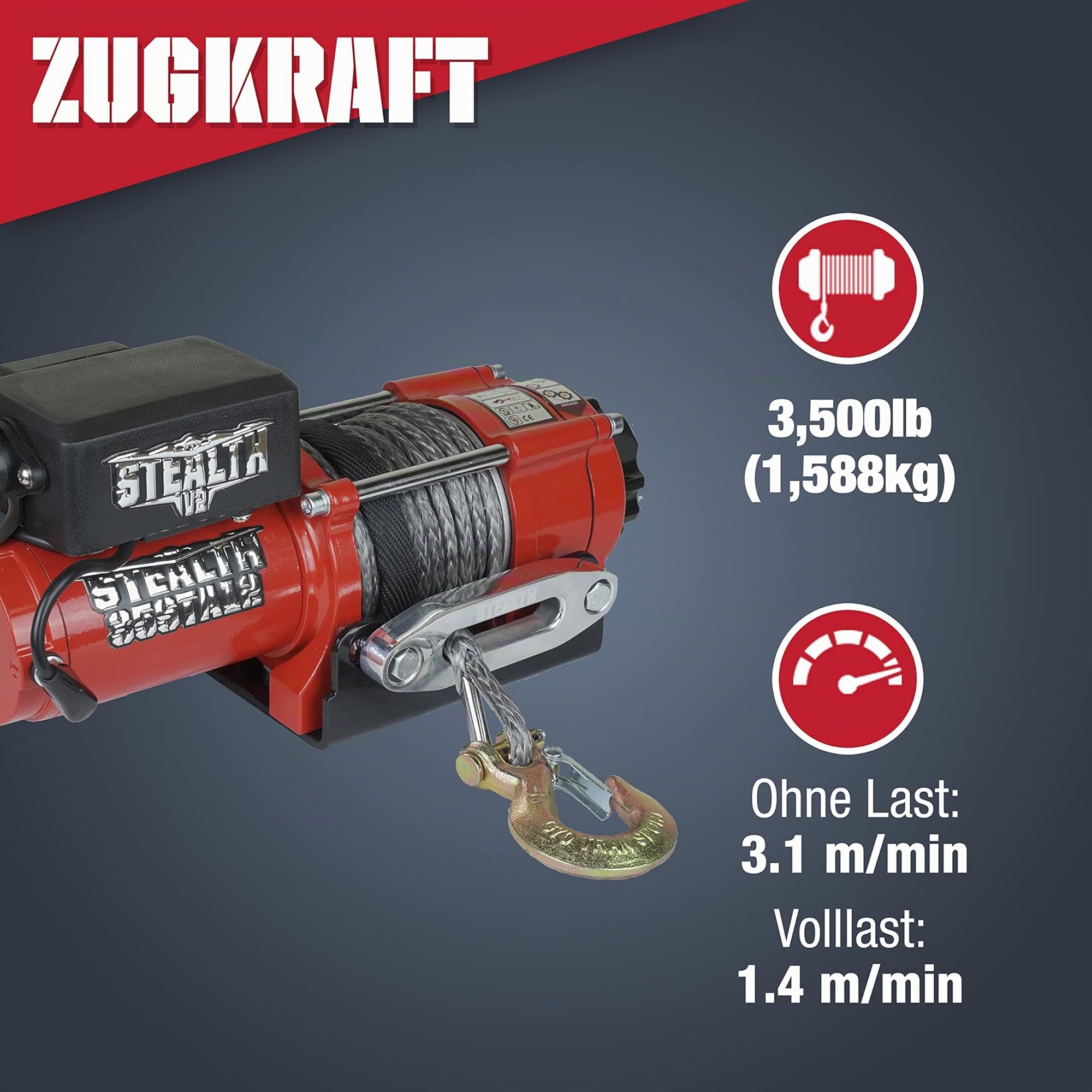 Stealth 3500lb 12v Kabellose Budget-Bergeseilwinde - Kraftvoller Wickelmotor - Vollstahl-Getriebe - Schwere Solenoid, Montageplatte, Drahtlose Fernbedienungen - Benutzerfreundlich - Synthetikseil